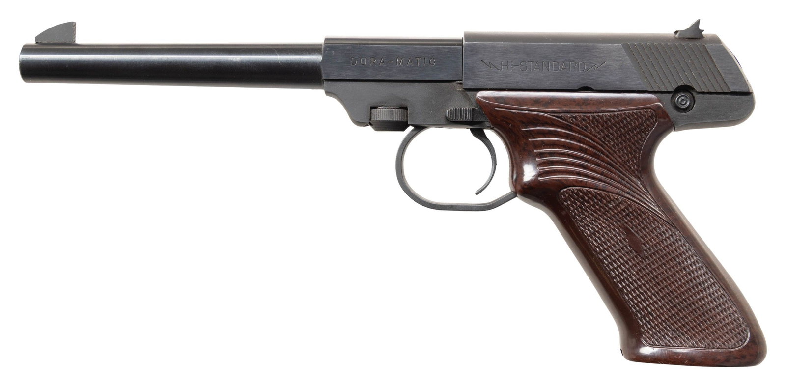 HI-STANDARD M-101 DURA-MATIC SEMI-AUTO PISTOL.: Cal. 22 LR. S# 950070. Bbl. 6 1/2" having Patridge blade front sight and slide mounted drift adjustable rear. Mfg. 1954-1970 as Model 9125 having one piece reddish brown checkered plastic grip plus si