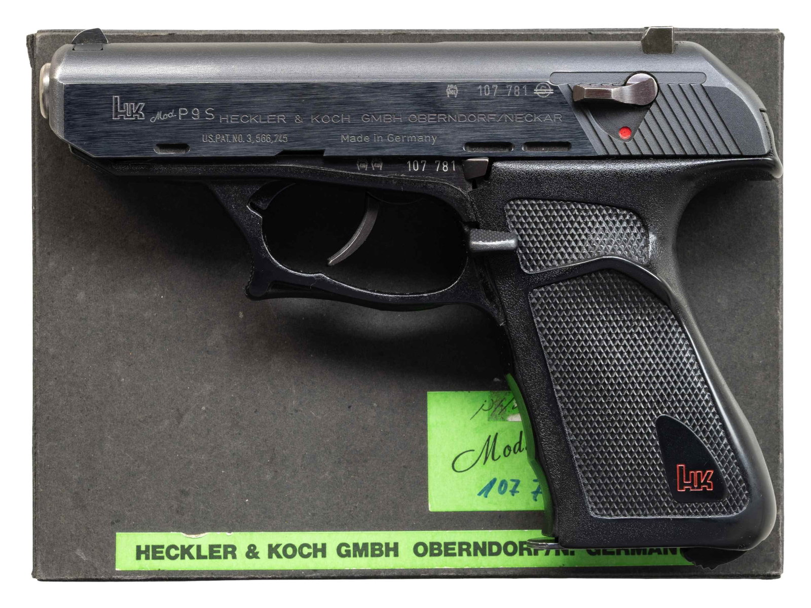 H&K P9S SEMI AUTO PISTOL.: Cal. 9x19. S# 107781. Bbl. 4". Blade front sight with added white paint. Square notch rear sight. Right side of slide has "Silver Star St. Alb. VT" import marking. Pistol lacks an Ulm date code & is l