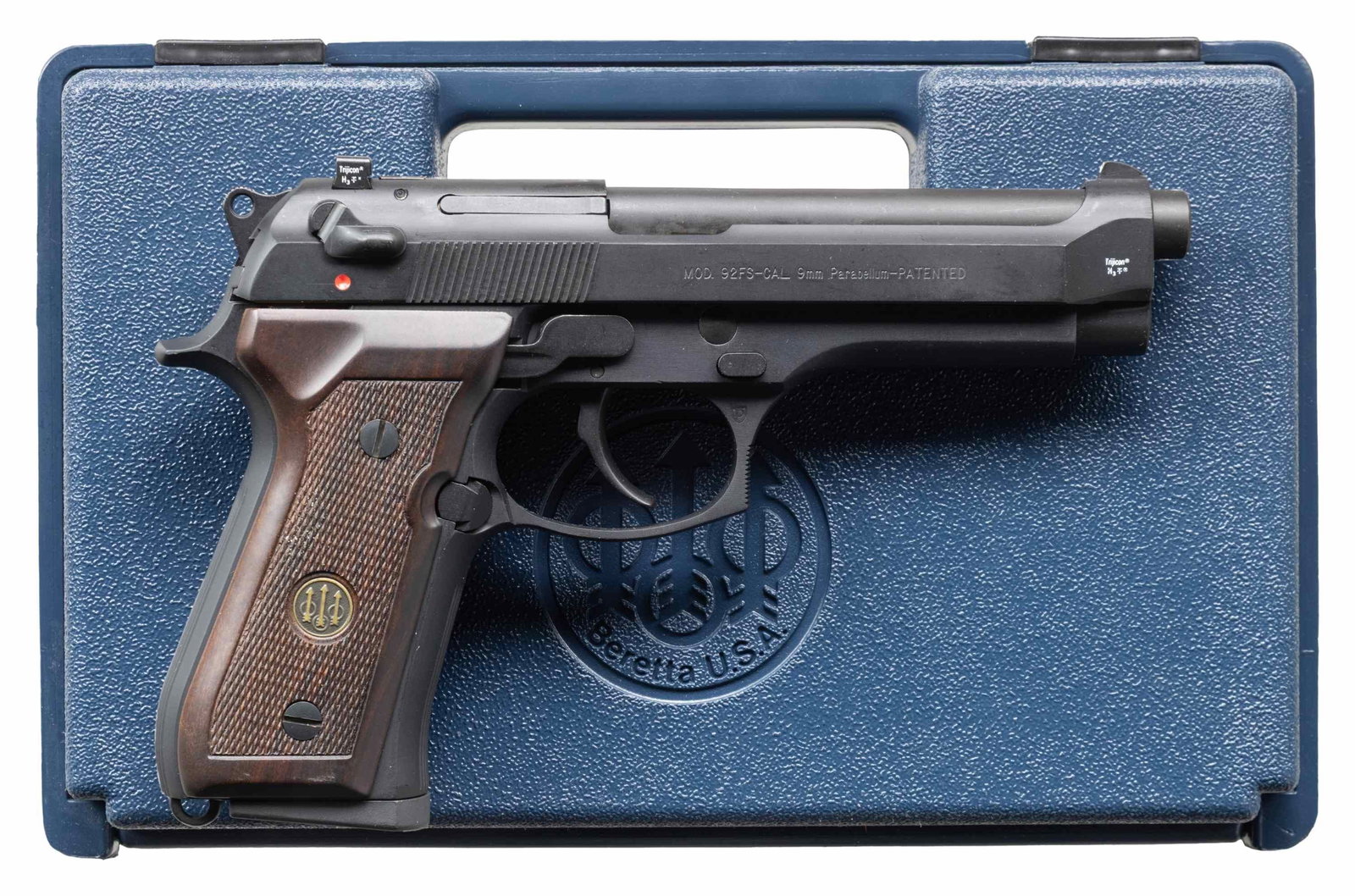 BERETTA 92FS SEMI AUTO PISTOL.: Cal. 9x19. S# BER151611Z. Bbl. 4 7/8". Three dot Trijicon sights. Maryland made Beretta 92FS pistol. Ambi manual safety that also acts as a decocker. Matte gray finish. Checkered hardwood grips with P