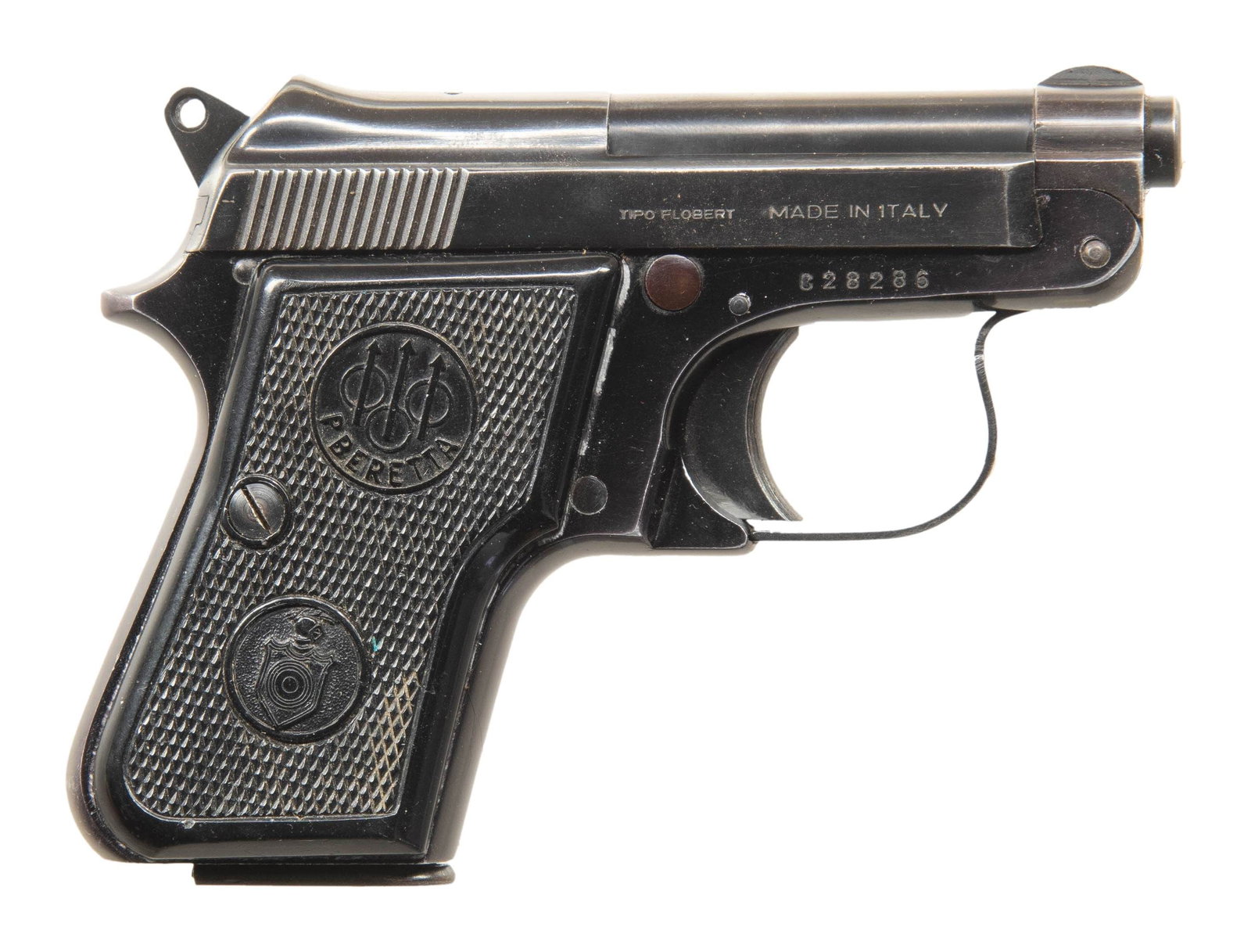 BERETTA 950B SEMI AUTO PISTOL.: Cal. 22 Short. S# C28286. Bbl. 2 3/8". Round blade front sight. Fixed rear sight. "XVI" date code denotes 1960 mfr. Blued upper assembly. Black anodized frame. Checkered black grips with "22 SHORT MIN