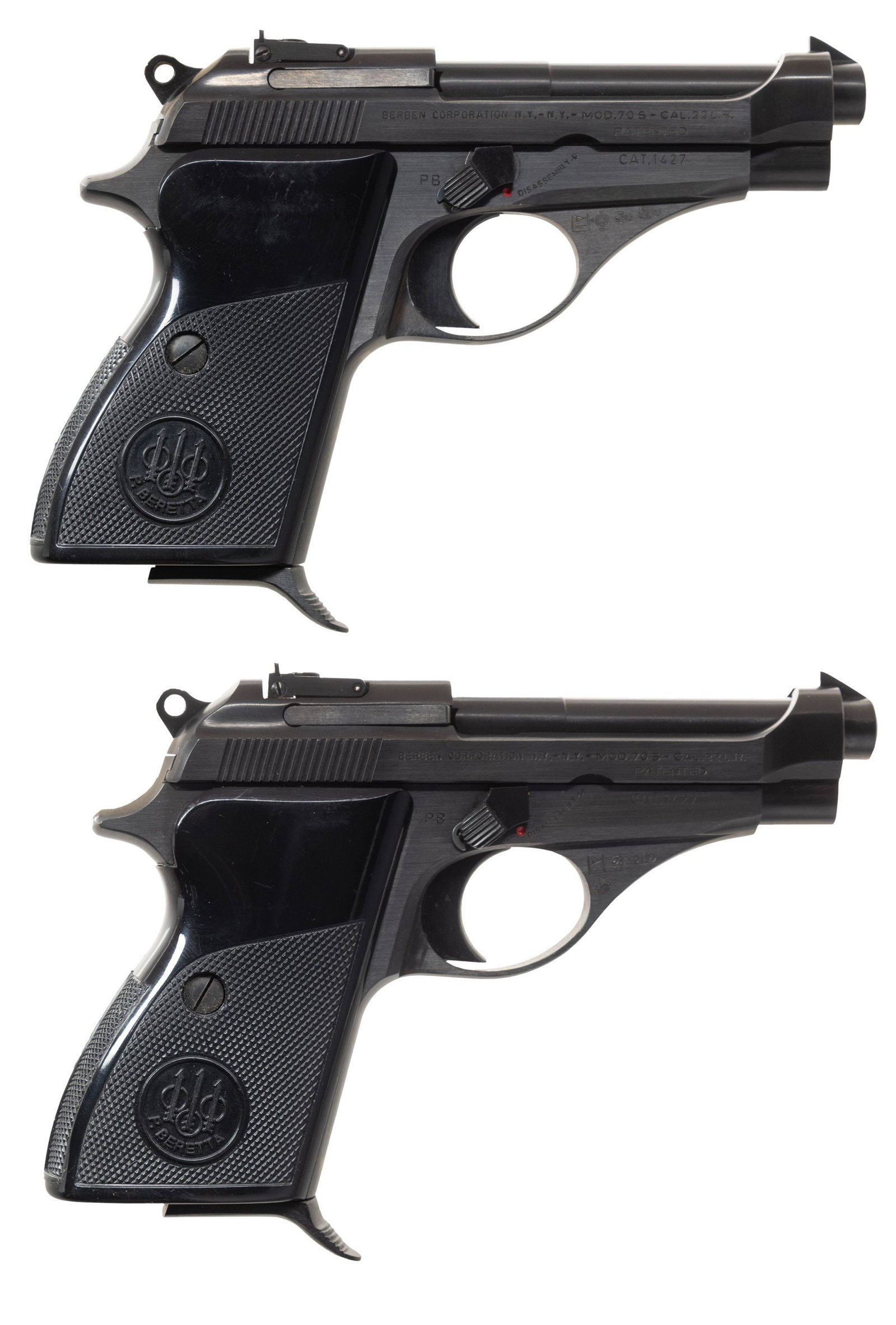 2 BERETTA 70S SEMI AUTO PISTOLS.: 1) Cal. 22LR. S# B38362U. Bbl. 3.5". Fixed blade bbl mounted front sight. Adjustable U notch rear sight. Left sided safety & mag release. Checkered plastic thumbrest grips. MAGS: 1-8rd. CONDITION: all