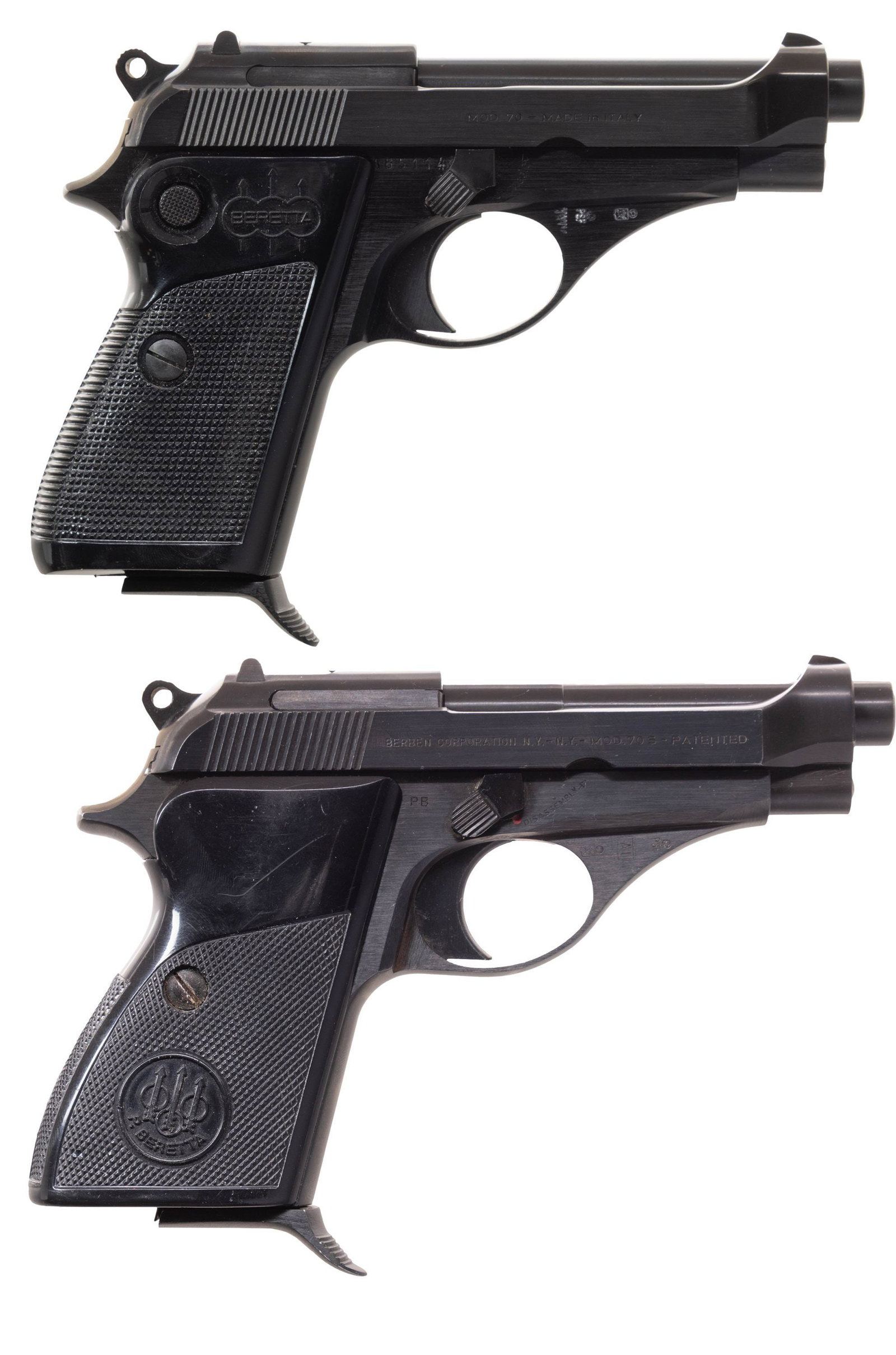 2 BERETTA SEMI AUTO PISTOLS.: 1) M70. Cal. 7.65mm. S# A65114. Bbl. 3.5". Fixed sights. Ambidextrous safety. Left sided mag release. Checkered plastic grips. MAGS: 1-7rd. CONDITION: all aspects are like new. (25-6976/ZAL).2) M70S. 
