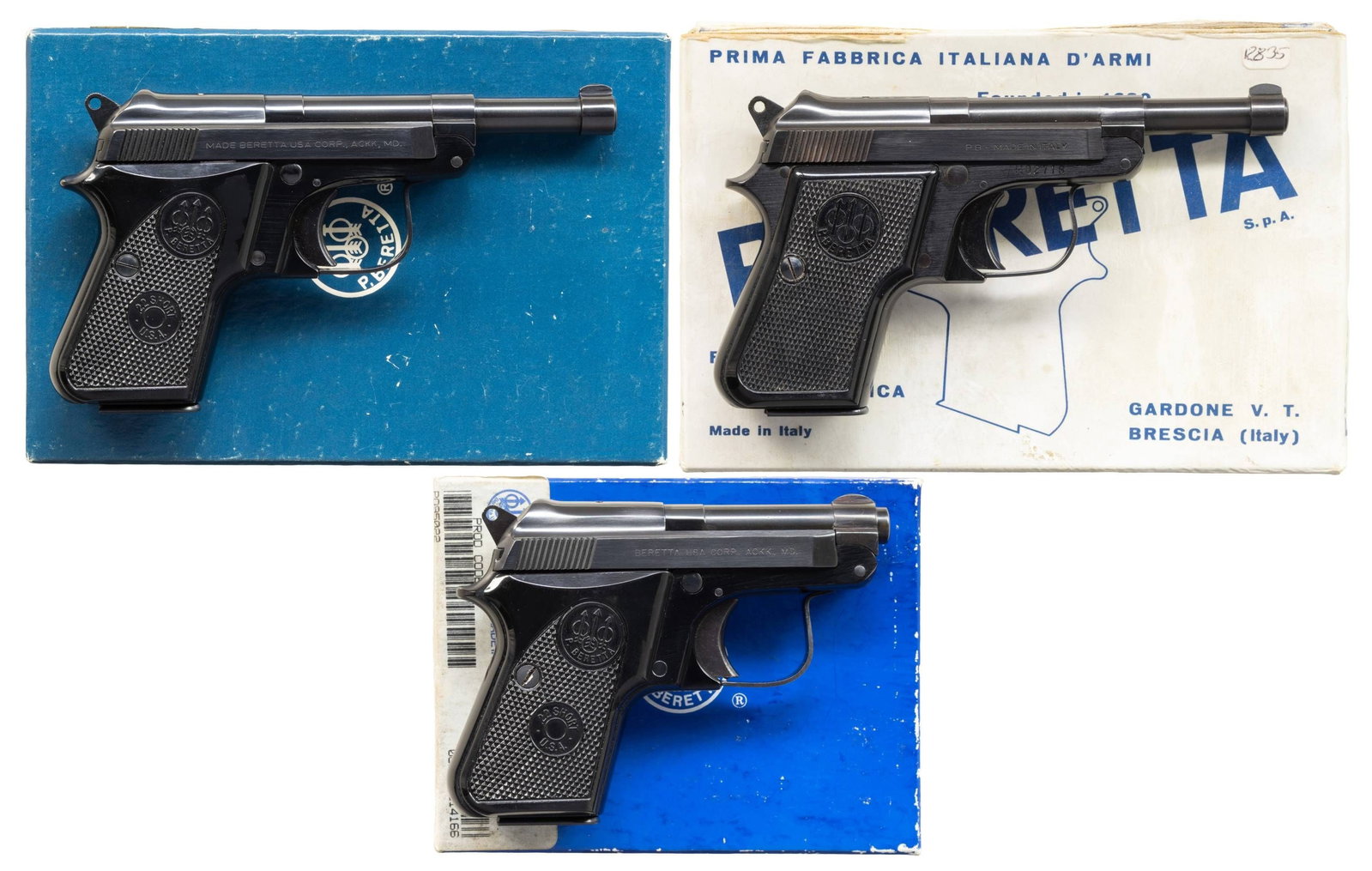 3 BERETTA M950 SEMI AUTO PISTOLS WITH BOXES.: 1) M950BS. Cal. 22 Short. S# BER71725T. Bbl. 3.75" fixed sights. Left sided safety and mag release. Black plastic grips. MAGS: 1-8rd. UNATTACHED ACCESSORIES: orig box. CONDITION: all aspects like new.