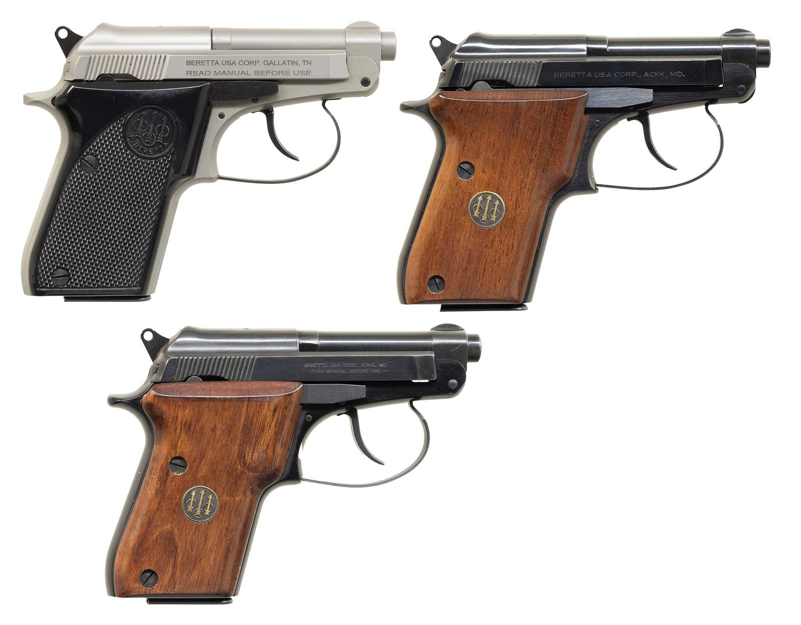 3 BERETTA 21A SEMI AUTO PISTOLS.: 1) Cal. 22LR. S# DAA570706. Bbl. 2.5". Fixed sights. Left sided safety and mag release. Checkered black plastic grips. Matte stainless finish. MAGS: 1-7rd. CONDITION: all aspects are very fine. (25-69