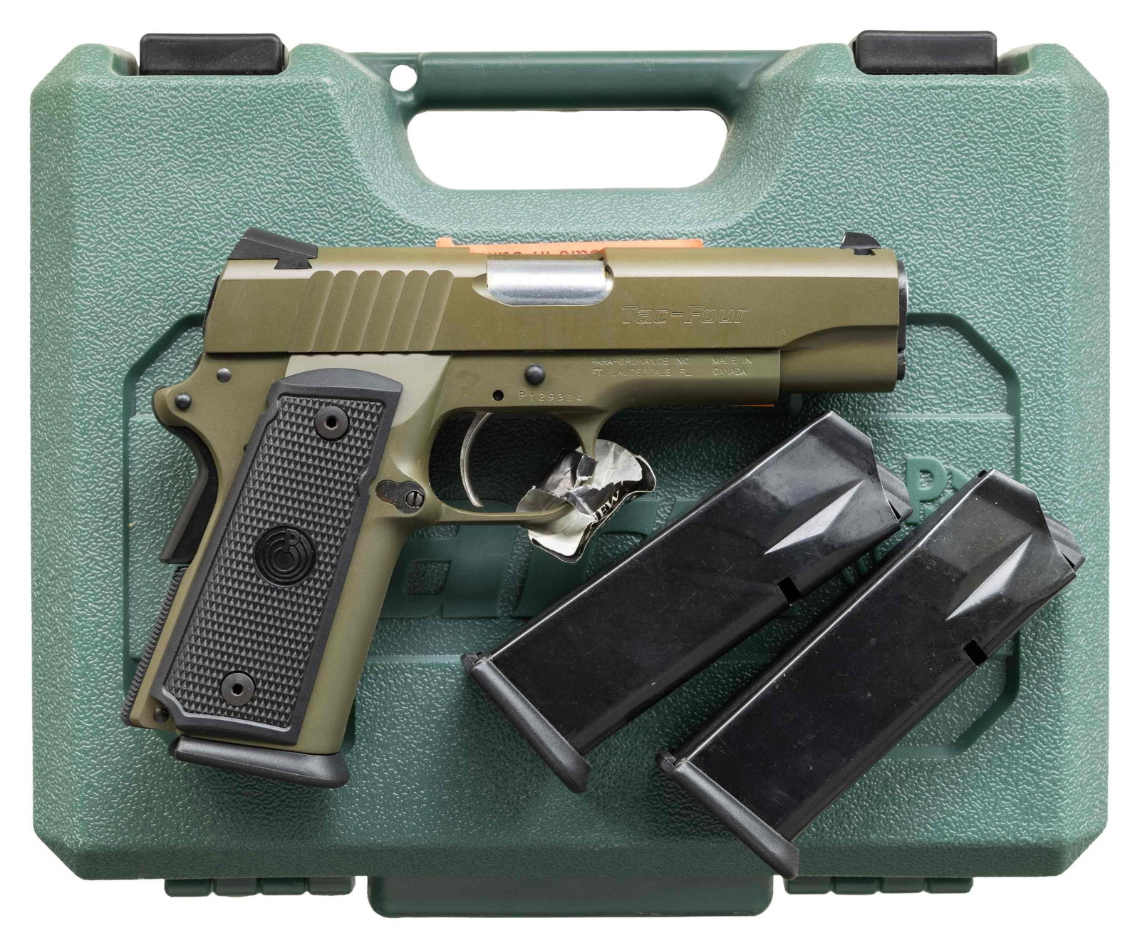 PARA ORDNANCE TAC-FOUR LDA SEMI AUTO PISTOL.: Cal. 45 ACP. S# P129324. Bbl. 4 1/4". Three dot sights. Canadian made pistol. Green finish. Checkered black grips with Para logo. MAGS: 3-10 rd. UNATTACHED ACCESSORIES: matching numbered factory hardc
