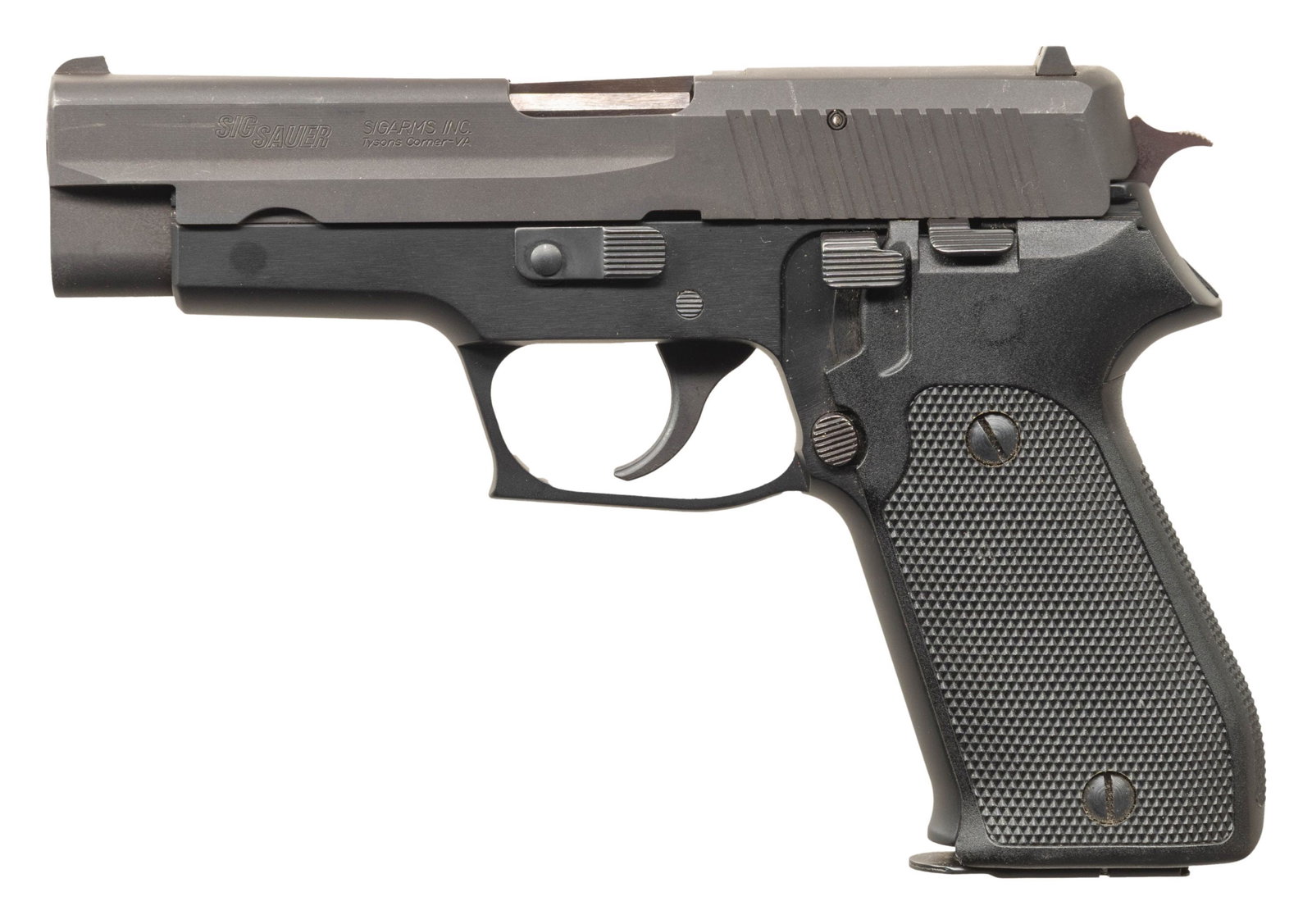 WEST GERMAN SIG P220 SEMI AUTO PISTOL.: Cal. 45 ACP. S# G148905. Bbl. 4 3/8". White dot front sight. Square notch rear sight with white stripe. West German P220 pistol with Tyson's Corner, VA import marking. Slide has matte gray finish. Fra