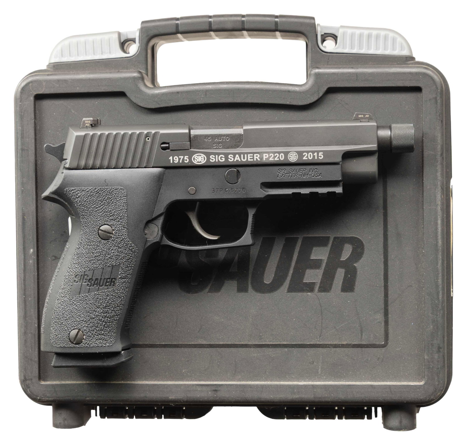 SIG SAUER P220 40TH ANNIVERSARY SEMI AUTO PISTOL: WITH MATCHING CASE. Cal. 45 ACP. S# 37B015770. Mfg. Aug 2015. Threaded Sig 5" bbl. Black Nitron finish. Steel frame with Siglite night sights. Alloy frame with accessory rail, checkering on front trig