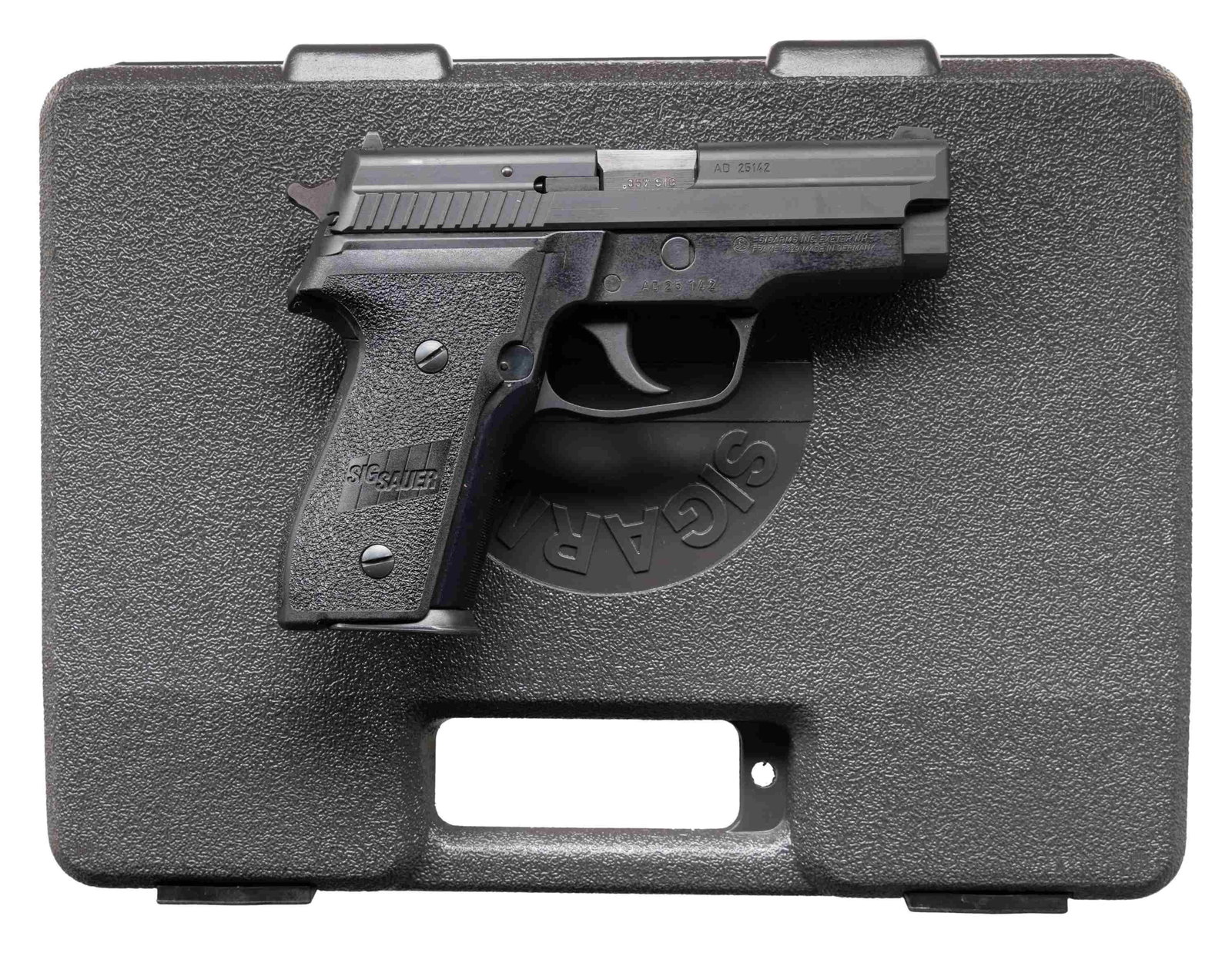 SIG SAUER / SIGARMS P229 SEMI-AUTOMATIC PISTOL: WITH FACTORY HARD CASE & MATCHING FACTORY BOX. Cal. 357 Sig. S# AD25142. Bbl. 3 11/16". P226 semi-automatic pistol frame mfg. in Germany by J.P. Sauer & Sohn and imported / assembled by Sigarms. Left 