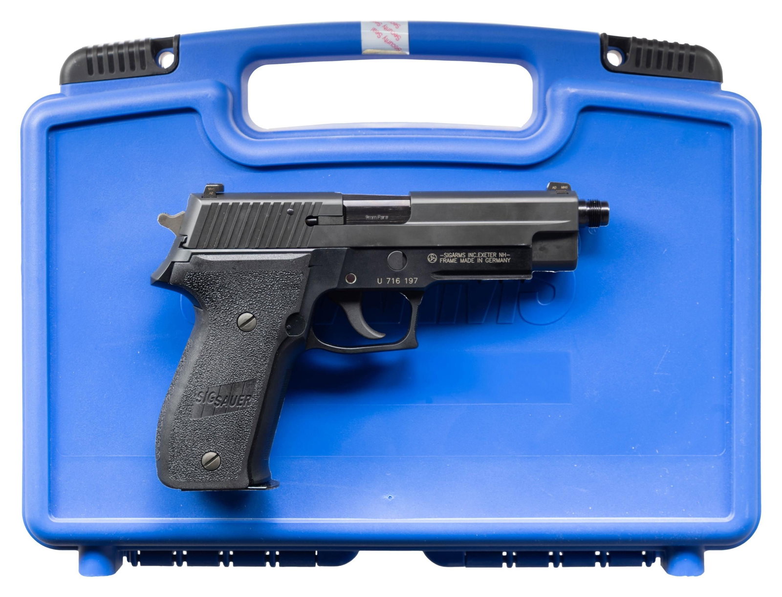 NEAR NEW SIG SAUER / SIGARMS P226 SEMI-AUTOMATIC: PISTOL WITH MATCHING FACTORY CASE. Cal. 9x19mm. S# U716197. Bbl. 4 13/16". P226 semi-automatic pistol frame mfg. in Germany by J.P. Sauer & Sohn and assembled in the U.S.A. Left side of the slide is m