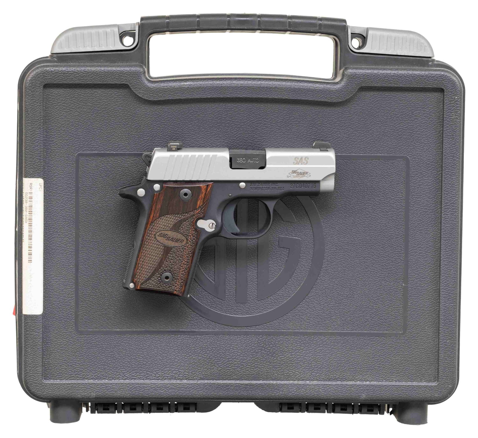 NEAR NEW SIG SAUER CUSTOM SHOP P238 SAS: SEMI-AUTOMATIC PISTOL WITH MATCHING FACTORY CASE. Cal. 380 ACP. S# 27C040716. Bbl. 2 11/16". P238 SAS semi-automatic pistol mfg. at Sig Sauer's Custom Shop. Left side of the slide is marked "SIG SAUER
