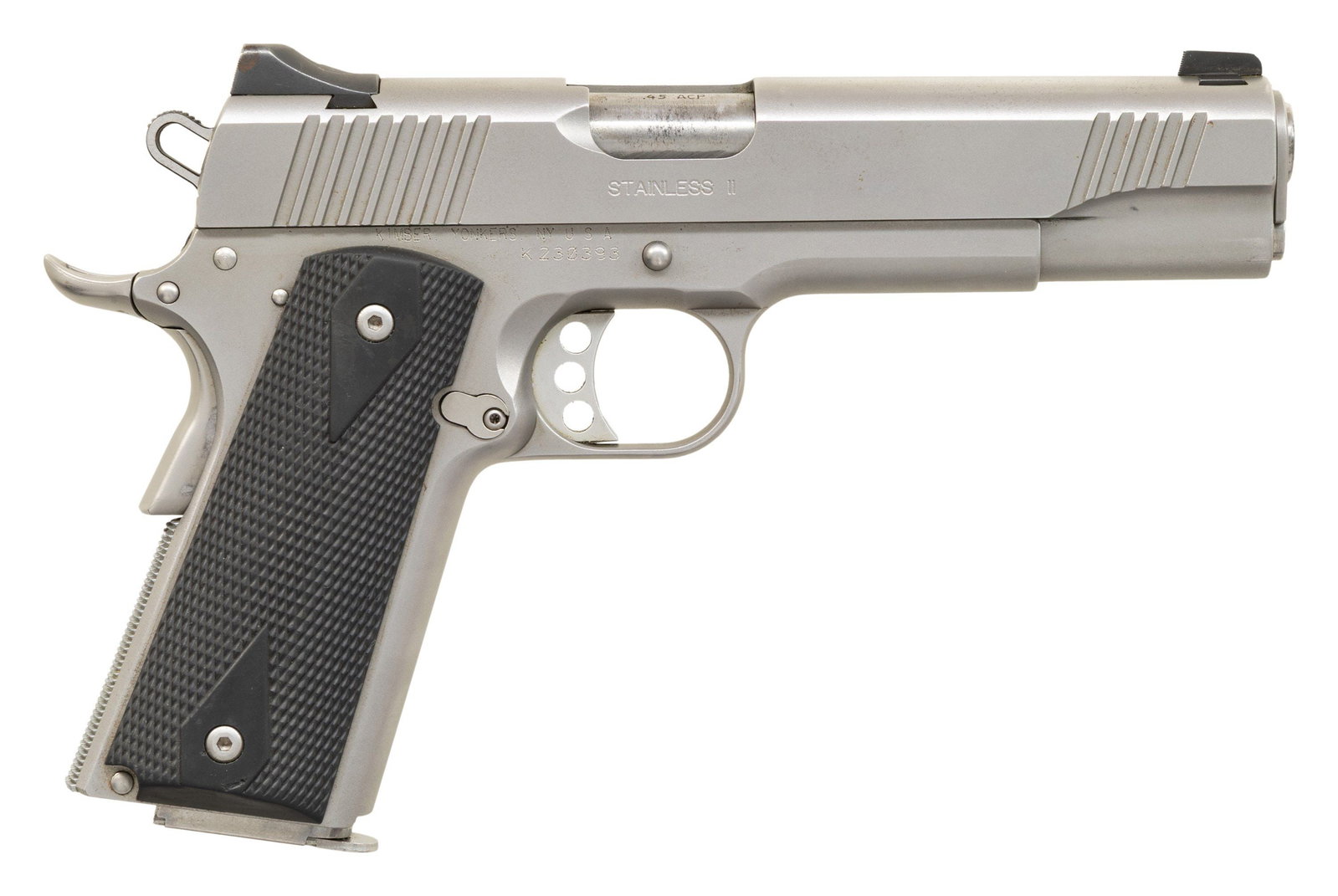 KIMBER STAINLESS II SEMI AUTO PISTOL.: Cal. 45 ACP. S# K230393. Bbl. 5". Stainless finish. Slide has fixed sights, flared ejection port, front & rear serrations. Frame has skeletonized hammer, aluminum trigger, extended beavertail grip saf