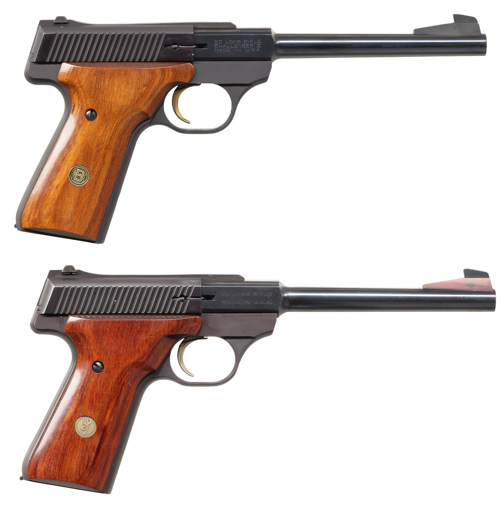 2 BROWNING CHALLENGER SEMI AUTO PISTOLS.: 1) CHALLENGER II. Cal. 22LR. S# 655PY05258. Bbl. 6.75". Fixed blade ramp front sight. Dovetailed square notch rear sight. Smooth hardwood Browning medallion grips. Gold plated trigger. MAGS: 1-10rd. C
