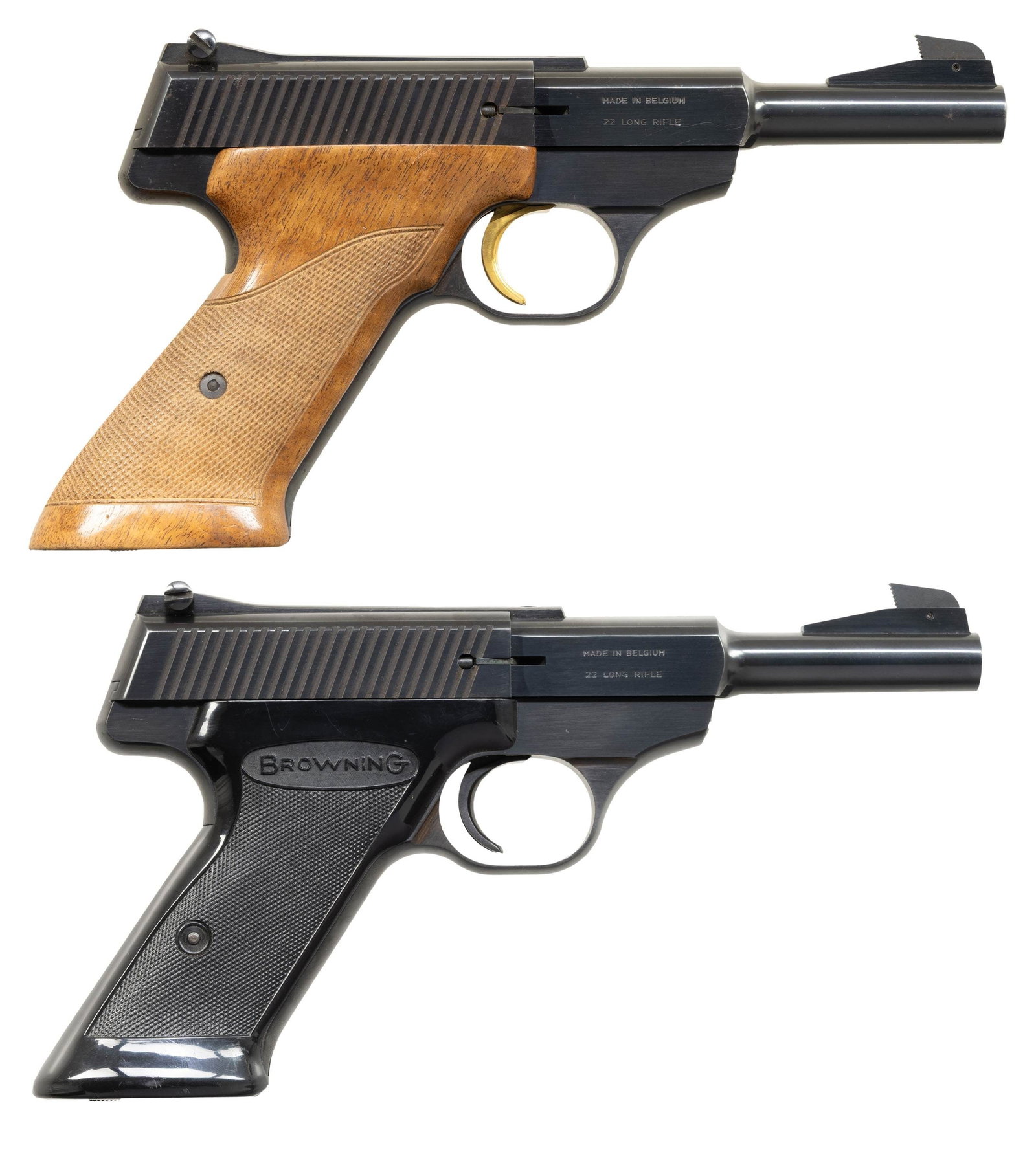 2 BROWNING NOMAD SEMI AUTO PISTOLS.: 1) S# 46069. Bb;. 4.5". Fixed blade ramp front sight. Adjustable square notch rear sights. Checkered wraparound wood grips. Gold trigger. MAGS: 1-10rd. CONDITIONL overall very fine with a couple of mi