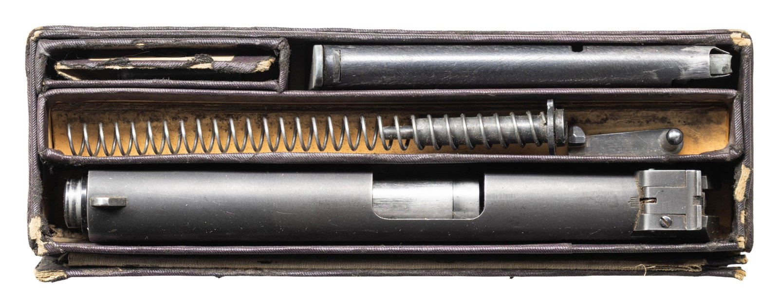 EARLY BOXED .22-.45 COLT CONVERSION UNIT.: Very early unit with Stevens rear sight rather than later Coltmaster sight; standard serrated blade front sight. All upper parts included rather than reusing some host frame parts. Includes: Colt mark