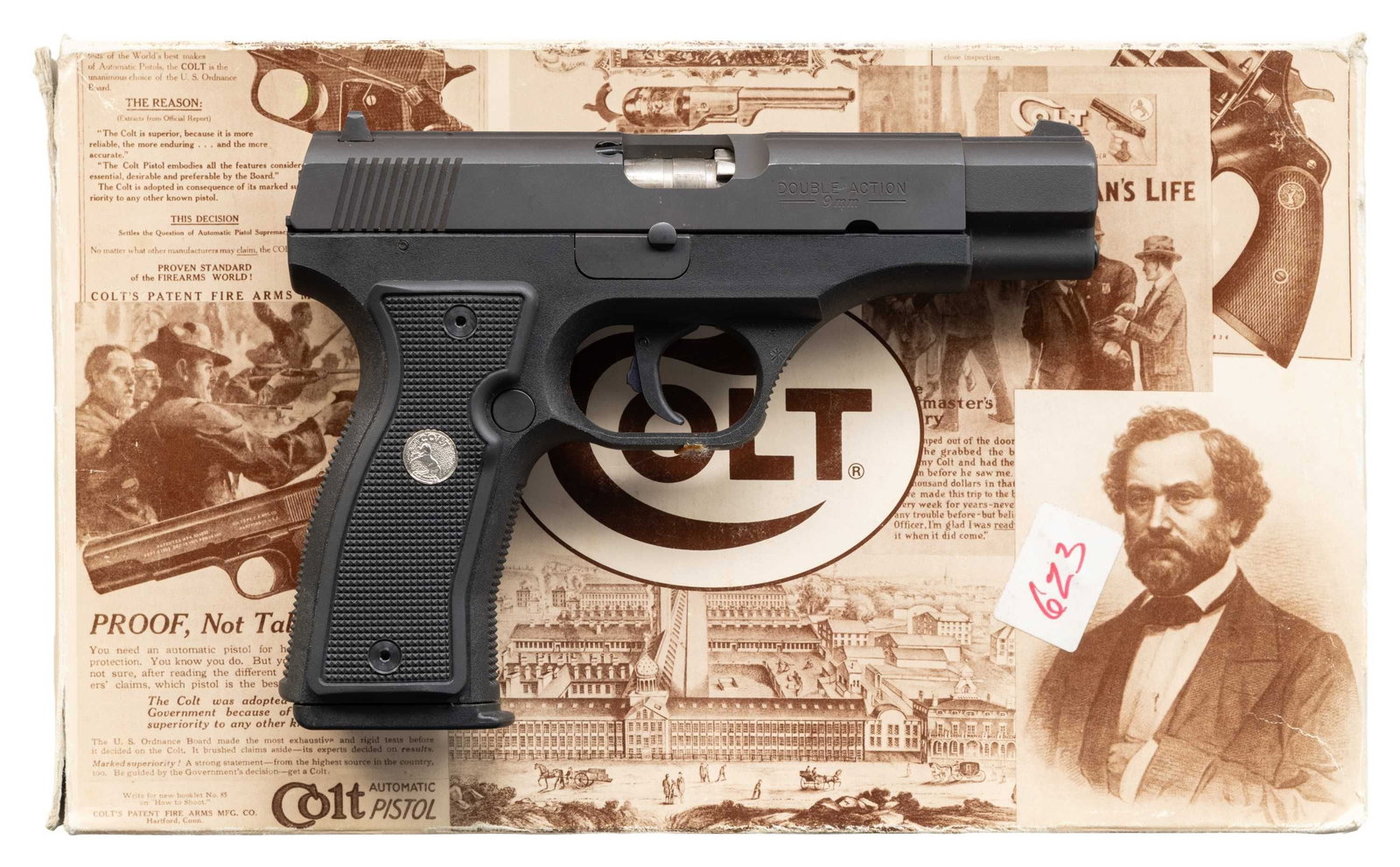 COLT ALL AMERICAN 2000 SEMI AUTO PISTOL.: Cal. 9x19. S# PF19353. Bbl. 4 1/2". Three dot sights. Matte gray & black finishes. Polymer frame. Checkered black grips with silver Rampant Colt Medallions. MAGS: 2-15 rd. UNATTACHED ACCESSORIES: