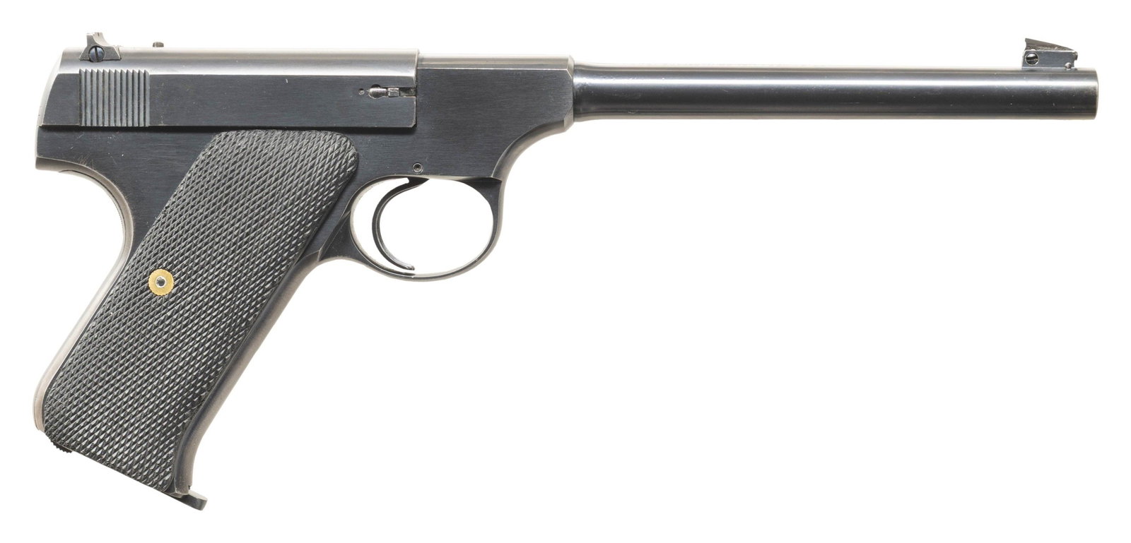 PRE-WAR COLT WOODSMAN SEMI-AUTOMATIC PISTOL.: Cal. 22 LR. S# 80527. Bbl. 6 5/8". Woodsman semi-automatic pistol mfg. by Colt in 1931. Top of the bbl. is marked with Colt's 2-line mfg. and patent information, with "THE WOODSMAN" marked on the left