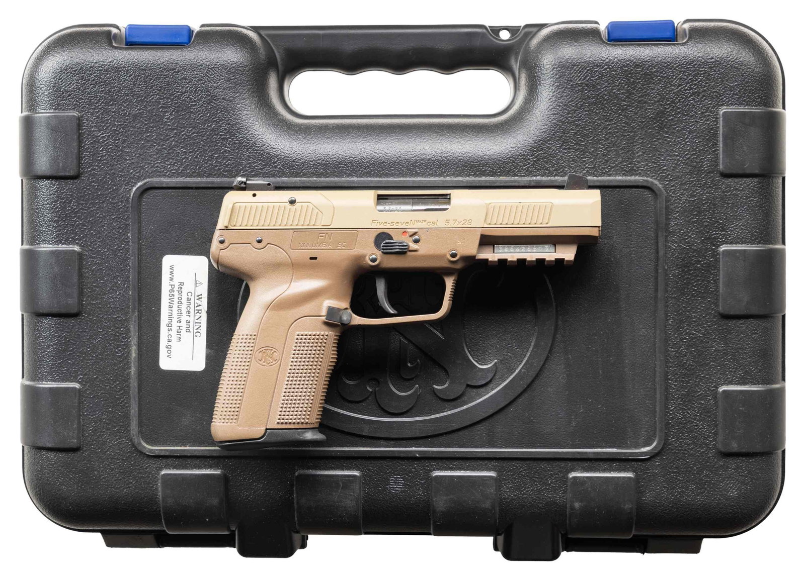 FN FIVE-SEVEN MK2P FDE SEMI AUTO PISTOL WITH CASE.: Cal. 5.7x28. S# 386426817. Standard configuration with 4.8" bbl., 3 dot sights & Flat Dark Earth finish. UNATTACHED ACCESSORIES: FN case with paperwork & lock. CONDITION: all aspects near excellent.