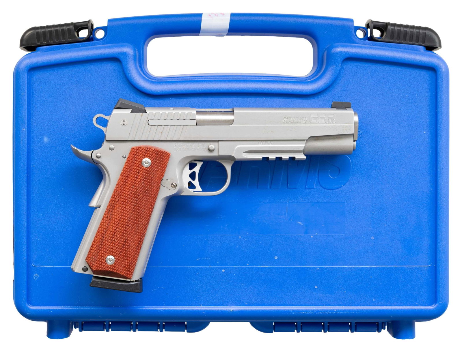 SIG ARMS GSR 1911 SEMI AUTO PISTOL.: Cal. 45 ACP. S# GS01518. Bbl. 5". Three dot sights. Extended right hand manual safety. Extended beavertail grip safety. Stainless finish. Frame has half length with picatinny rail. Checkered hardwood