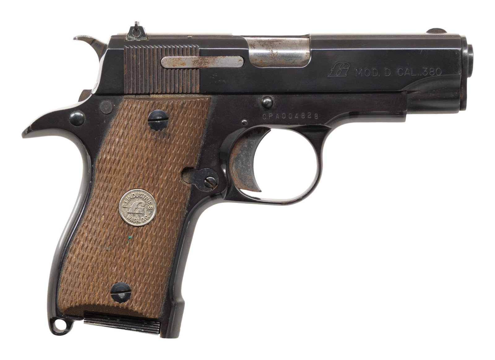 FIREARMS INTERNATIONAL MODEL D SEMI AUTO PISTOL.: Cal. 380 ACP. S# CPA004828. Bbl. 3.25". Fixed sights. Blued finish. Checkered wood grips. MAGS: 1 - 6 rd. CONDITION: Good blue with areas of oxidation. Good grips with flattened diamonds. Good