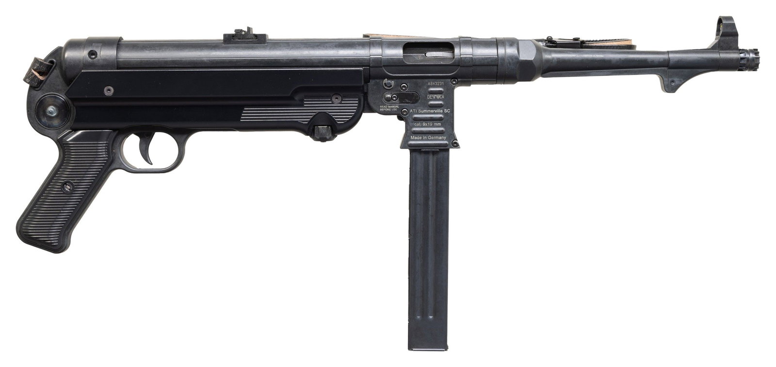 GSG MP40P SEMI-AUTOMATIC PISTOL WITH CARRIER.: Cal. 9mm Para. S# A843231. Bbl. 10". MP40P semi-automatic pistol mfg. in Germany by GSG and imported by ATI. Standard markings overall consisting of the model and cal. designations, German proofs, as