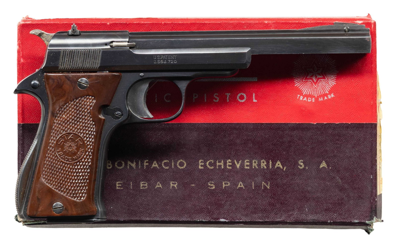 STAR MODEL F SPORT SEMI AUTO PISTOL.: Cal. 22 LR. S# 804322. Bbl. 5 7/8". Ramped blade front sight. Drift adjustable rear sight. Mfr. 1942-1967. Blued finish. Checkered brown grips with right handed thumbrest & Star monograms. MAGS: 2-10