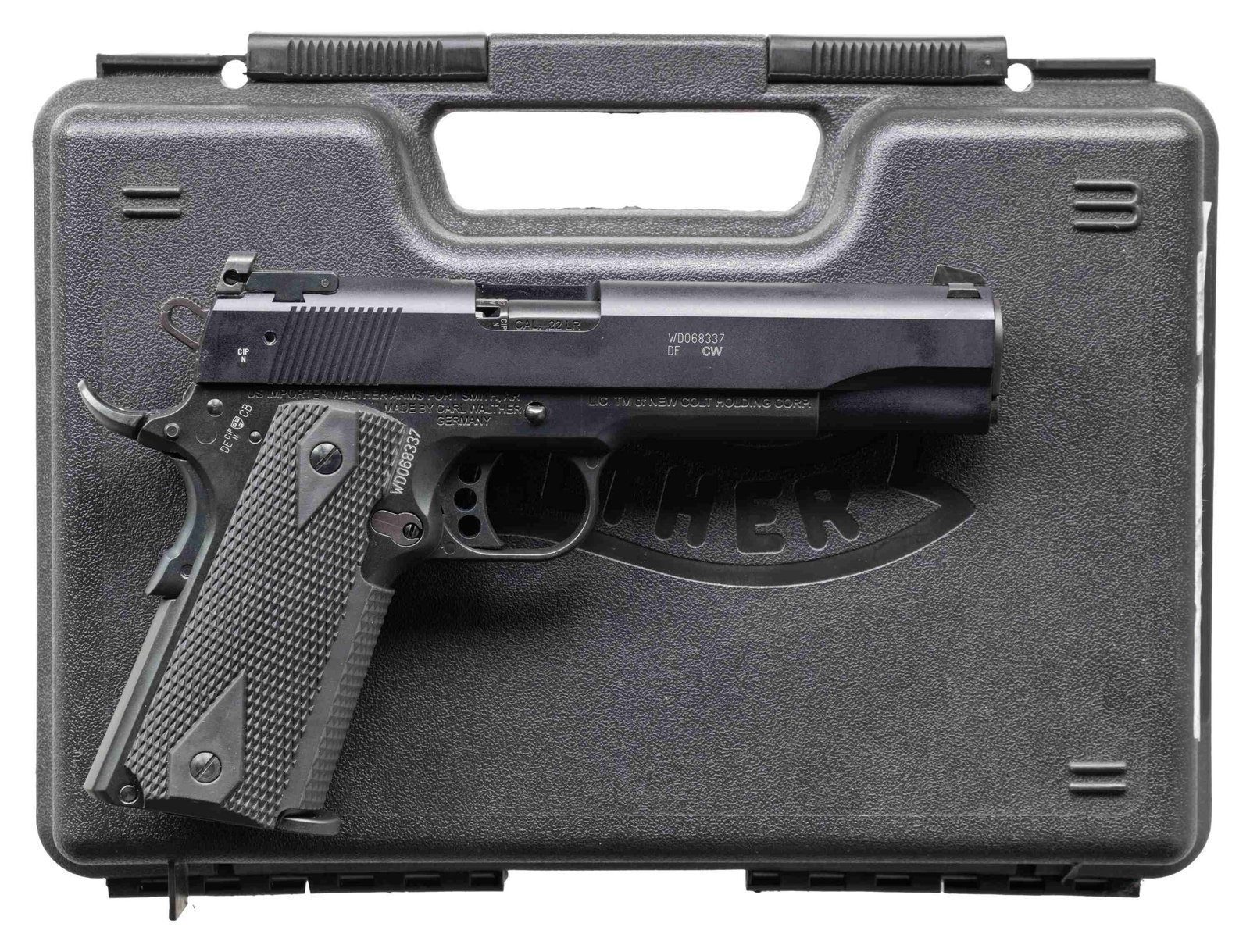 WALTHER COLT GOLD CUP TROPHY SEMI AUTO PISTOL: Cal. 22 LR. S# WD068337. Mfg. by Walther under license from Colt; 2021 Cologne proofs. Bbl. 5". Target sights. Matte black finish. Wrap around rubber grips. MAGS: 1 - 10 rd. UNATTACHED ACCESSORIES: