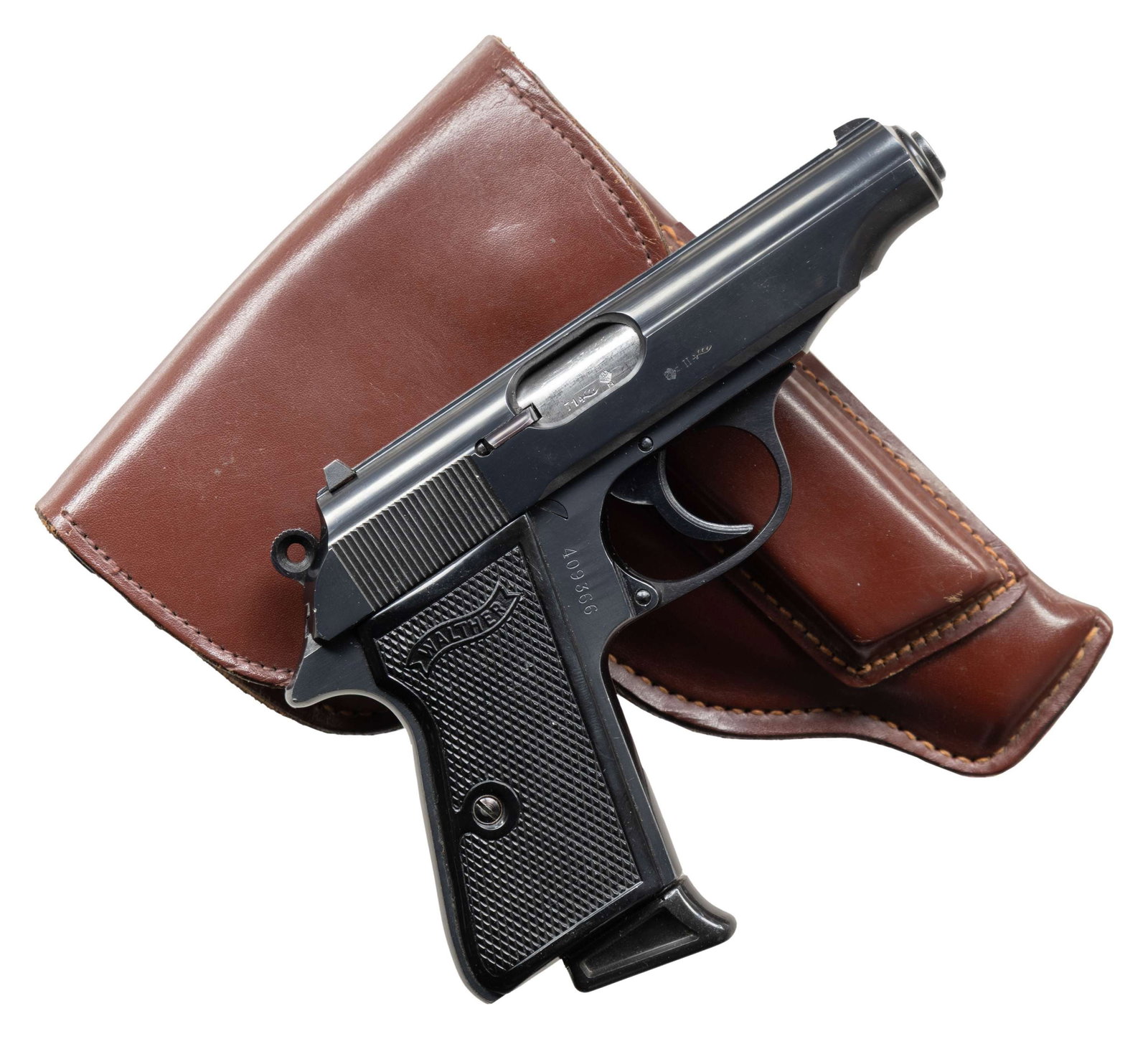 WEST GERMAN WALTHER MODEL PP SEMI-AUTOMATIC PISTOL: WITH HOLSTER. Cal. 7.65mm. S# 409366. Bbl. 3 13/16". Model PP semi-automatic pistol mfg. in West Germany by Walther in 1971 and imported by Century Arms International. Left side of the slide exhibits