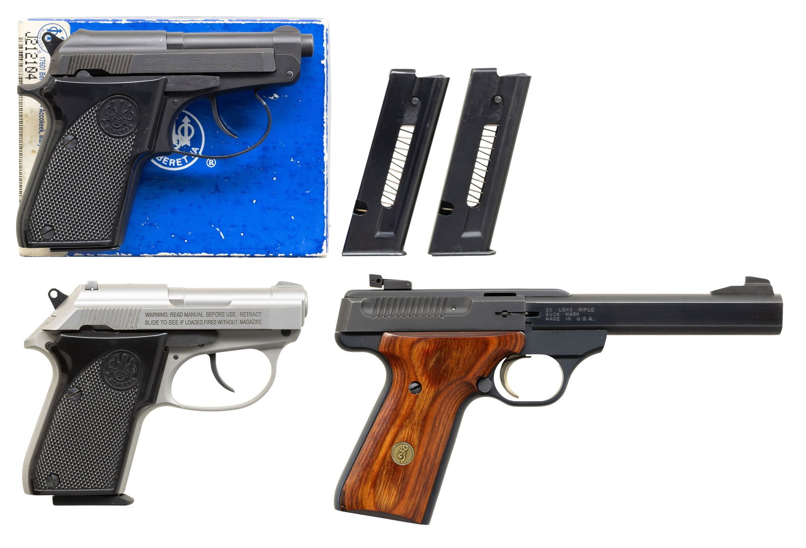 3 SEMI AUTO PISTOLS.: 1) BROWNING BUCKMARK. Cal. 22 LR. S# 655PN01259. Bbl. 5.5" Fixed blade ramp front sight. Adjustable square notch rear sight. Smooth hardwood grips with Browning medallion. MAGS: 1-10rd. CONDITION: