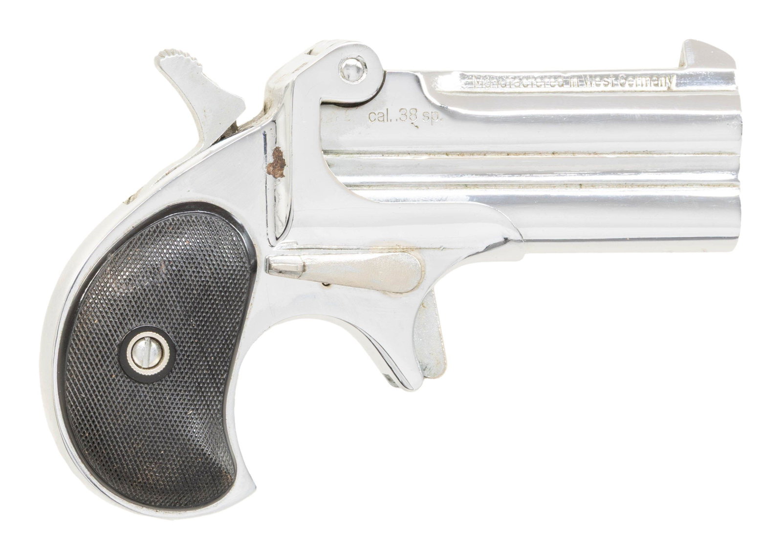 WEST GERMAN AMERICAN WEAPONS CORP. FRONTIER MODEL: O/U DERRINGER. Cal. 38 Spl. S# 149. Mfg. in West Germany & imported by Hy Hunter's American Weapons Corp of Burbank, CA. Chrome finished pistol with 3" bbls. Black composite grips. CONDITION: very
