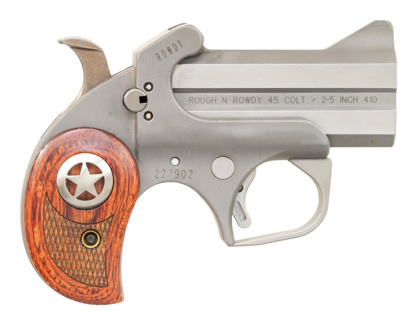 BOND ARMS ROWDY DERRINGER PISTOL.: Cal. 45 Colt/410 2 1/2". S# 227902. Bbls. 3". Ramped blade front sight. Square notch rear sight. Stainless finish. Checkered laminated grips with star monograms. UNATTACHED ACCESSORIES: Calco right