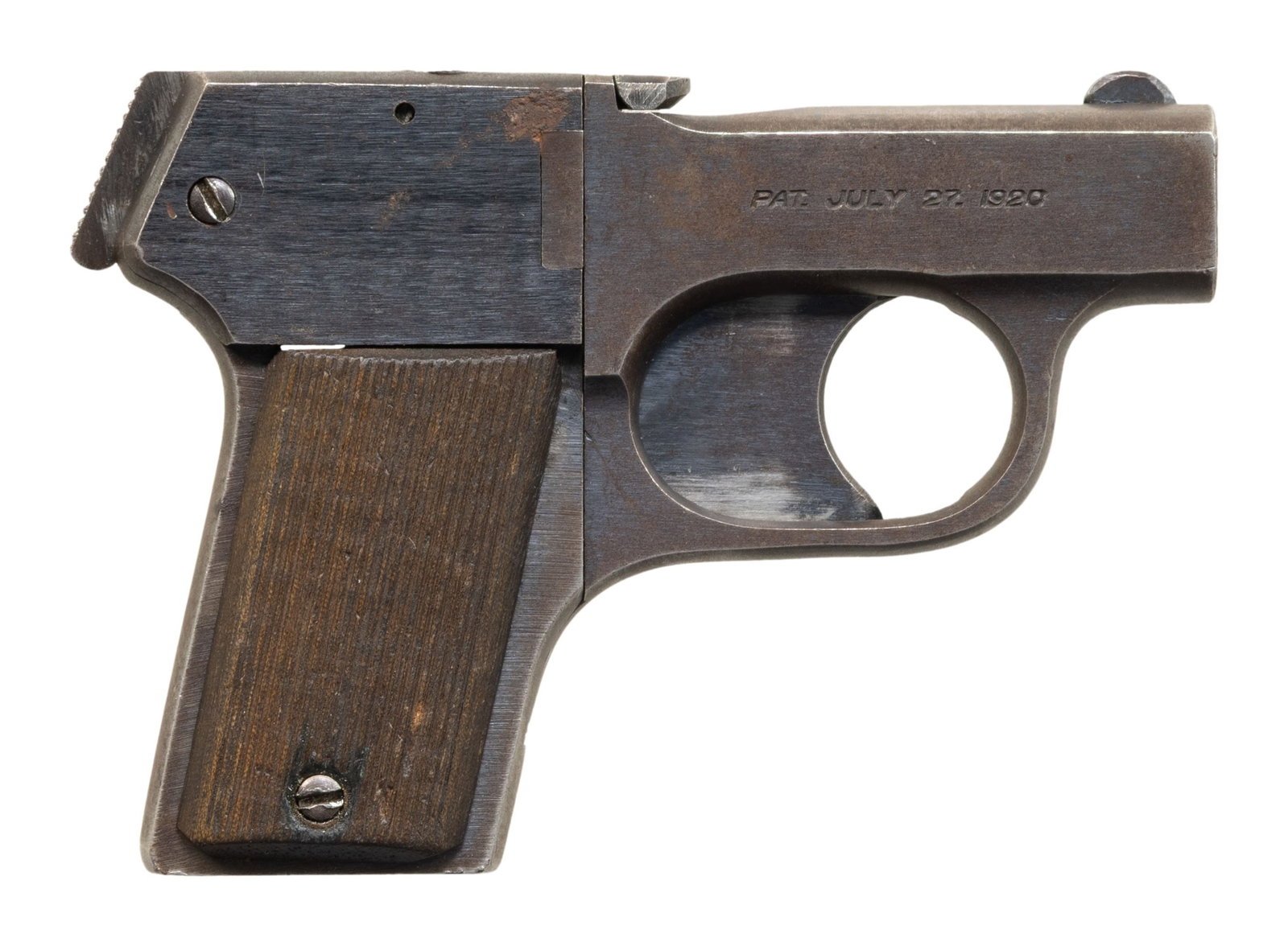 MOSSBERG BROWNIE 4-BARREL PISTOL.: Cal. 22 LR. S# 22804. Bbl. 2 1/2". Brownie 4-bbl. pistol mfg. by O.F. Mossberg & Sons between 1919-1932. Left side of the bbl. block is marked "O.F. MOSSBERG & SONS/ NEW HAVEN, CONN. U.S.A.", with