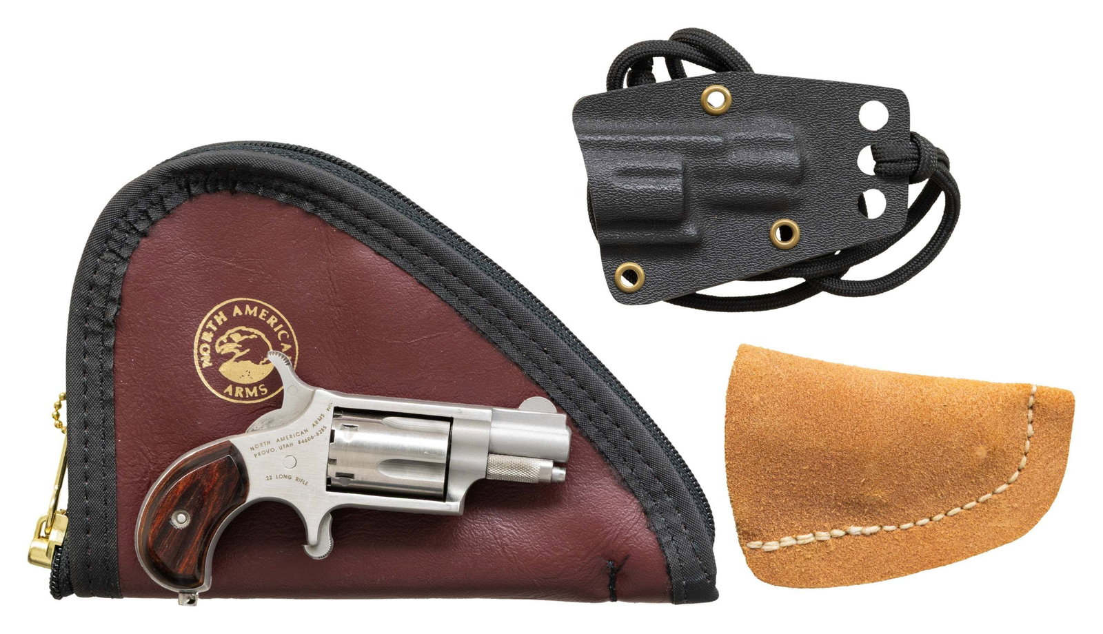 NAA DERRINGER SA REVOLVER.: Cal. 22 LR. S# L013770. Bbl. 1 1/8". Round blade front sight. 5-shot cyl. Stainless finish. Rosewood Bird's Head grips. UNATTACHED ACCESSORIES: matching numbered factory box with softcase, manual,