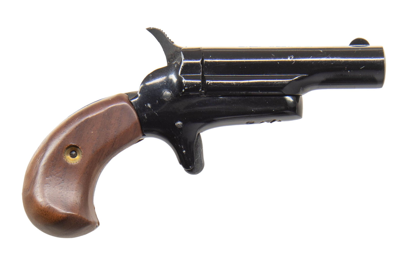 BUTLER DERRINGER.: Cal. 22 Short. S# B61982. Side-pivoting 2.5" bbl. Black finish. Wood grips. CONDITION: attention needed; hammer will not hold at full cock. Very good finished with handling marks. Good rifling with