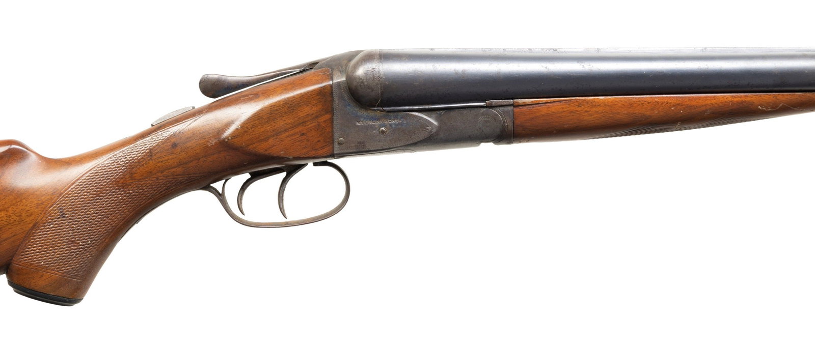 A.H. FOX STERLINGWORTH SXS SHOTGUN.: Cal. 12 Ga., 2 3/4". S# 100861. Mfg. 1927. Matching numbered 28" barrels with matted rib having crossbolt rib extension & steel bead. Fixed Full & Mod chokes. Case hardened boxlock action w/ dbl.