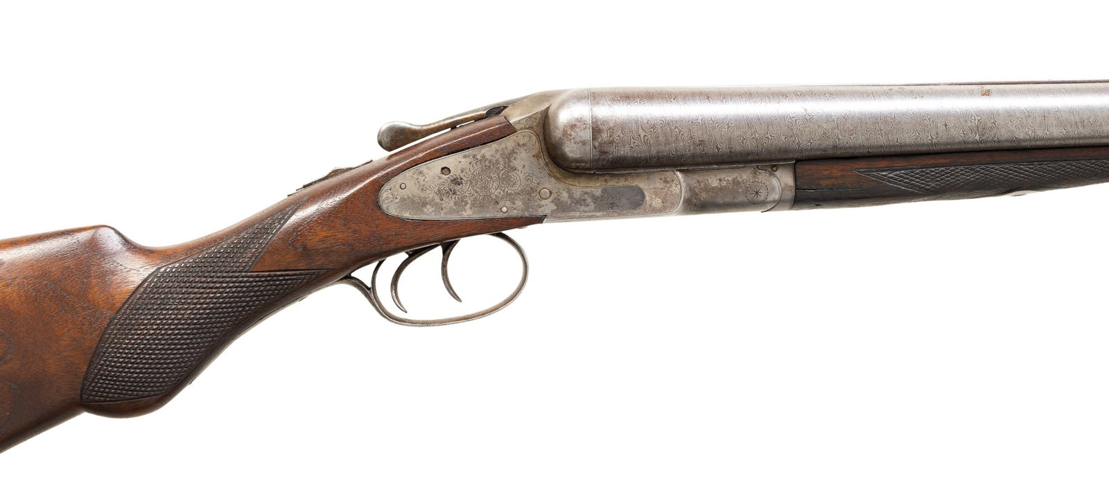10 GA., PRE 1913, L.C. SMITH GRADE 1 HAMMERLESS: EJECTOR SXS SHOTGUN. Cal. 10 Ga. S# 6324. 1 of 743, 10 Ga., Grade 1 shotguns mfg. 1901. Damascus 32" bbls. with brass bead. Sideplated boxlock action w/ dbl. triggers & ejectors. Walnut stock set.