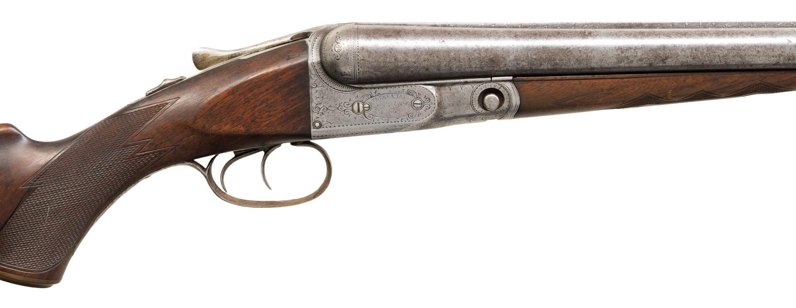 PARKER BROS. GRADE 2 HAMMERLESS SXS SHOTGUN.: Cal. 12 Ga. S# 120185. Mfg. 1903. Damascus 30" bbls. w/ steel bead; chokes appear to measure Full & Cyl. No. 2 Frame has Grade 2 engraving with vignettes of quail, duck & woodcock; along with dbl.