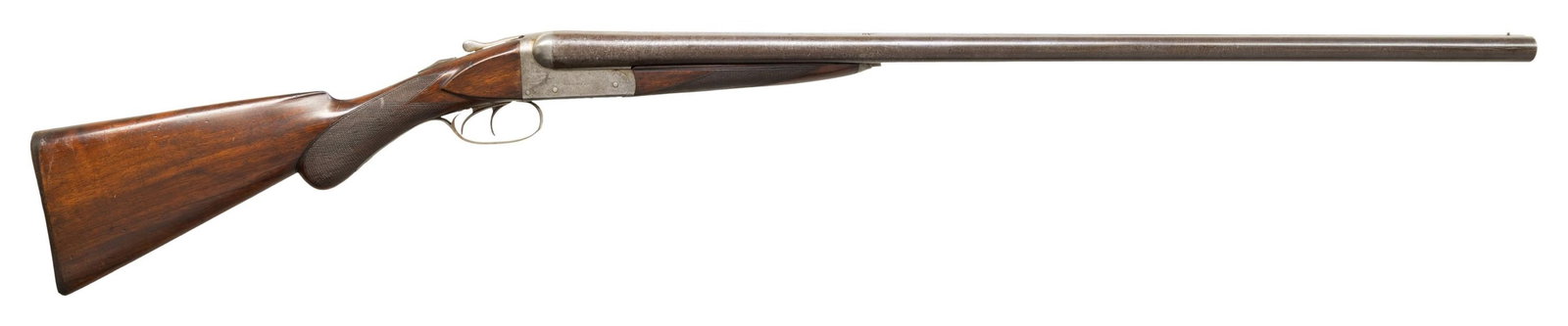 REMINGTON 1900 SXS DAMASCUS SHOTGUN.: Cal. 12ga. S# 103249. Bbl. 30" damascus with steel bead front sight and matted solid rib. Double trigger. Extractor. Checkered round knob pistol grip stock with checkered hard rubber buttplate.