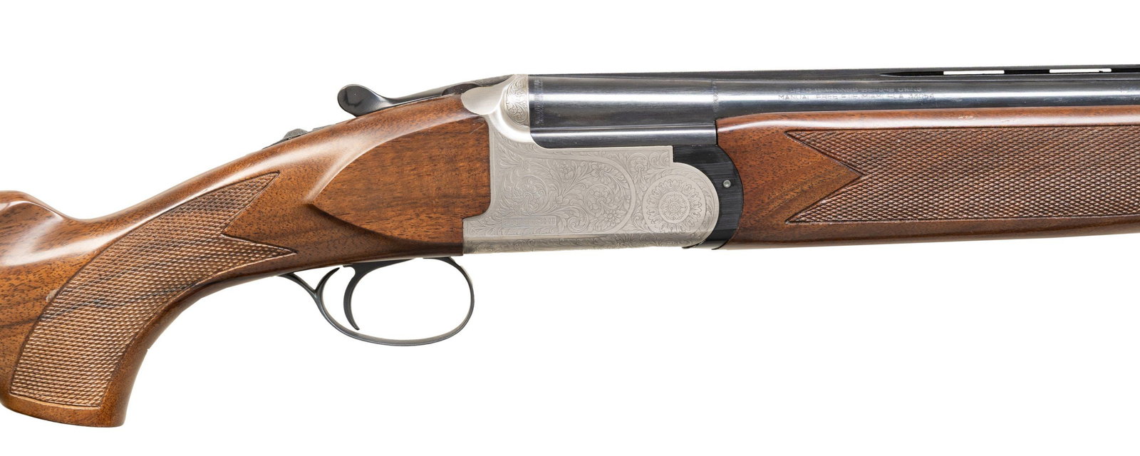 FRANCHI O/U SHOTGUN.: Cal. 12 Ga., 2 3/4". S# 4180237. Mfg. 1984 & imported by FIE of Miami, FL. VR Bbls. 28" w/ steel bead; Full over Mod chokes. Silver finished engraved frame with SST & ejectors. Checkered walnut stock