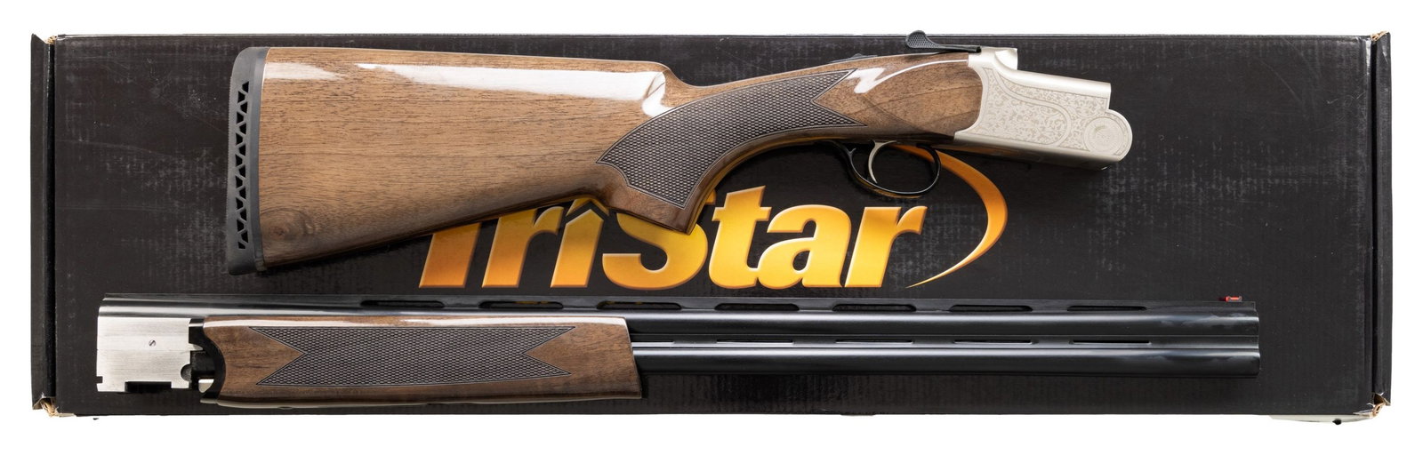 TRISTAR SETTER S/T O/U SHOTGUN WITH MATCHING BOX.: Cal. 20 Ga., 3". S# KRU092616. Mfg. in Turkey by Kral & imported by TriStar of N. Kansas City, MO. VR 26" bbls.; fitted with Mobilchoke tubes (full set of 5 included). Fiber optic front sight..