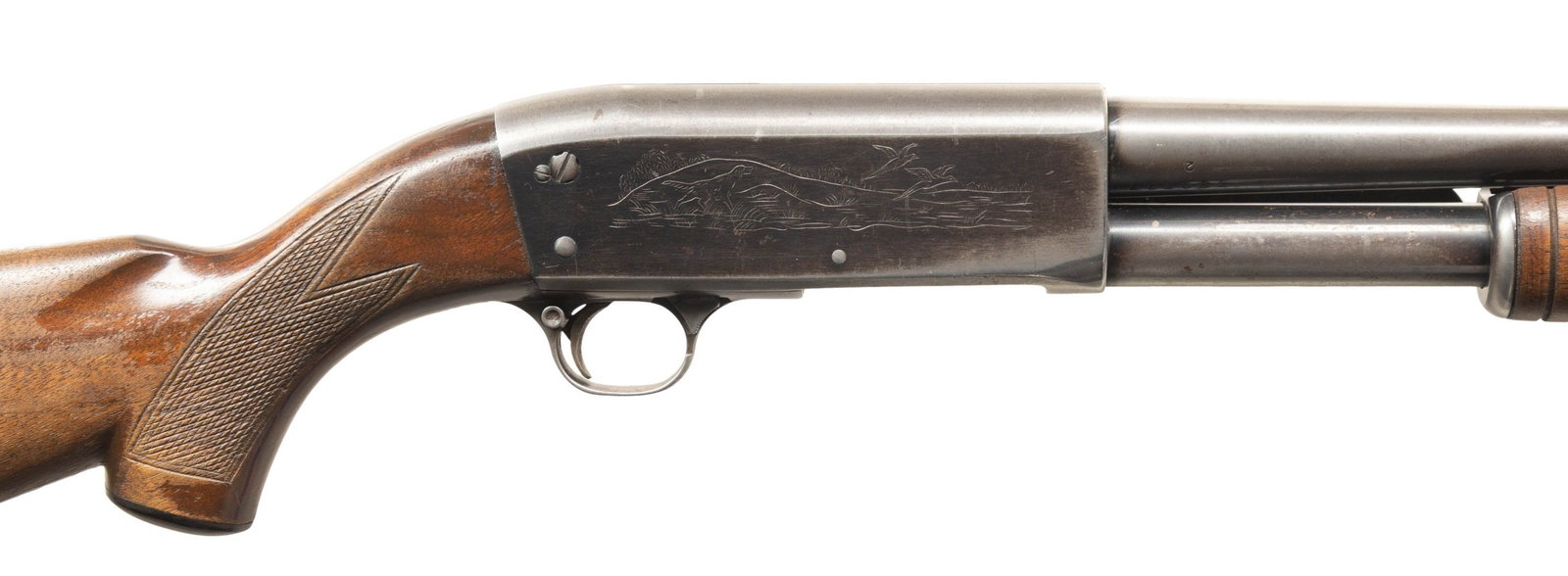 16 GA., ITHACA MODEL 37 PUMP SHOTGUN: Cal. 16 Ga., 2 3/4". S# 380327. Mfg. 1951. Bbl. 26" w/ steel bead & Mod. choke. Tubular mag. Bottom eject action. Walnut stock set. CONDITION: fair fading blue to gray patina with cycling wear,