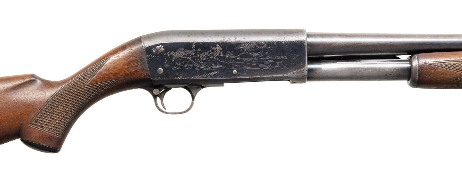 20 GA., ITHACA MODEL 37 PUMP SHOTGUN.: CAL. 20 GA., 2 3/4". S# 91813. Mfg. approx. 1946. Bbl. 26" w/ brass bead & Full choke. Tubular mag. Receiver has added plug screws for side mounting. Checkered walnut stock set. CONDITION: fair traces