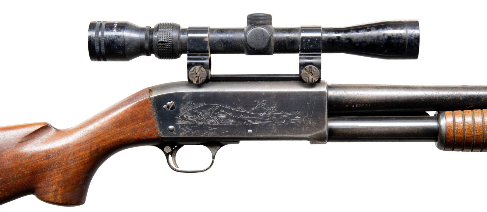 ITHACA 37 FEATHERLIGHT SLIDE ACTION SHOTGUN.: Cal. 12ga 2 3/4". S# 759057. Bbl. matching numbered 30" with added low light fiber optic front sight. Tasco 1.75-5x32 duplex reticle scope. Smooth pistol grip walnut stock with Whiteline vent recoil p