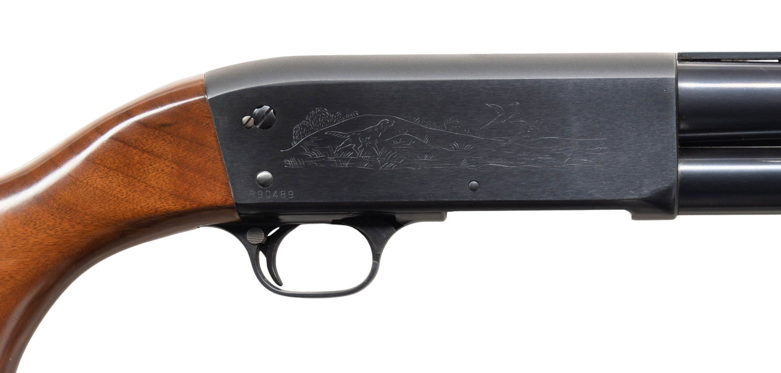 ITHACA M37 FEATHERLIGHT SLIDE ACTION SHOTGUN.: Cal. 12ga 2 3/4" & 3". S# 890489. Bbl. 26" VR with fiberoptic low light front sight. Smooth pistol grip walnut stock set with serrated Ithaca buttplate. CONDITION: overall very fine. 98% orig blue wit