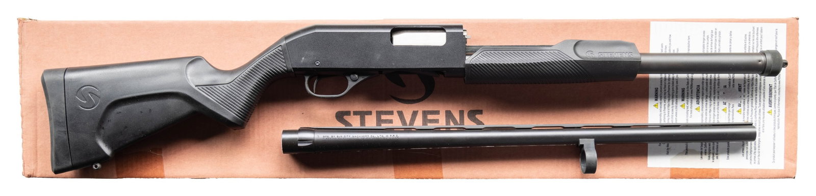 SAVAGE 320 FIELD COMPACT PUMP ACTION SHOTGUN.: Cal. 20 Ga., 3". S# 210428B. VR 22" bbl. Matte black finish. Black synthetic stock set. UNATTACHED ACCESSORIES: matching factory box. CONDITION: appears as new. (26-1204/MD). MODERN. $200-300.