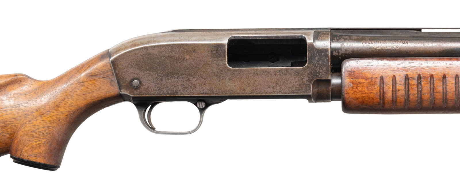 JC HIGGINS M20 SLIDE ACTION SHOTGUN.: Cal. 12ga 2 3/4" S# NSN. Bbl. 27" VR over Power Pac. Smooth pistol grip walnut stock with red vent pad. CONDITION: overall poor. 40% finish with oxidation and handling marks. Sanded stock with handlin