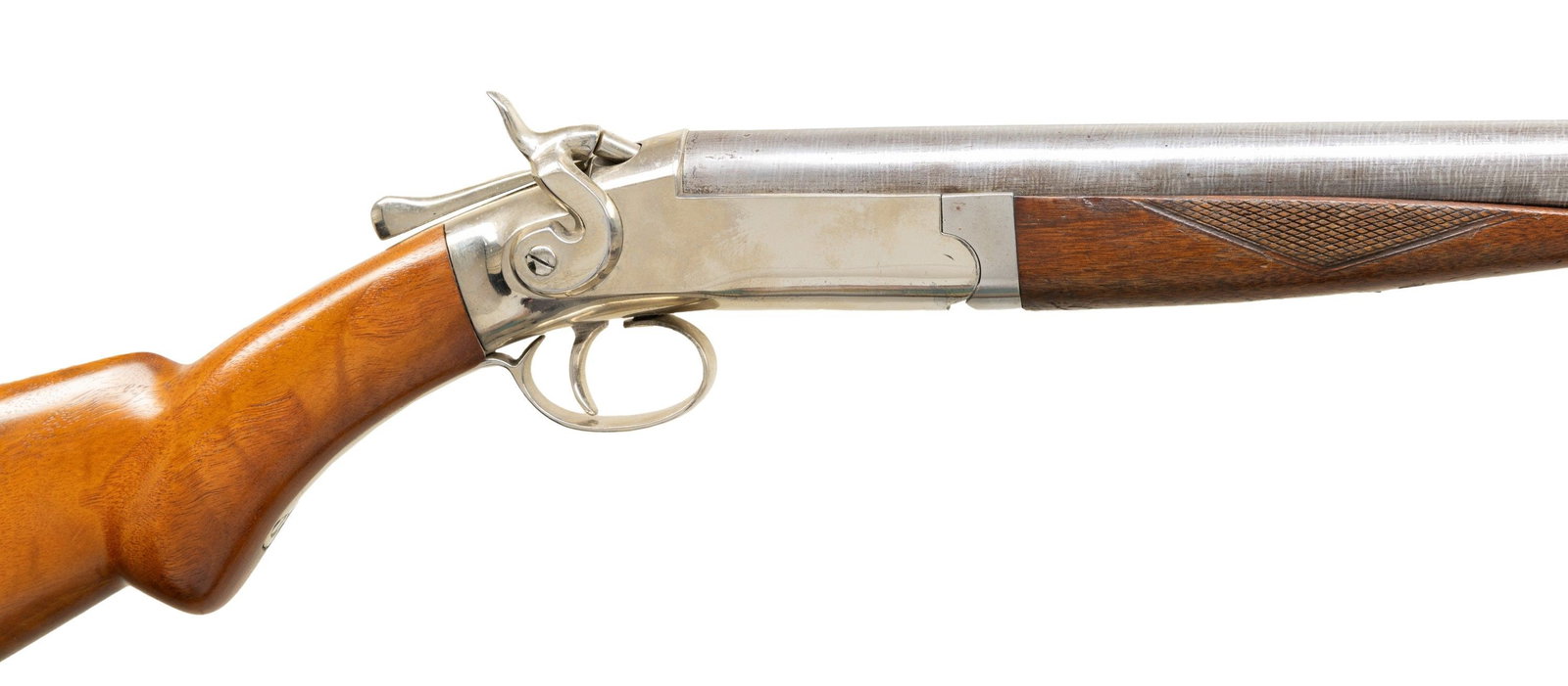 BACON SIDE-HAMMER TOP BREAK SHOTGUN.: Cal. 12 Ga. S# 2549. Mfg. 1887-1888 when Bacon Arms. Co. went bankrupt, eventually the machines were used for the Crescent Firearms Co. London Fine Twist 32 1/8" w/ steel bead & Full choke. Side hamme
