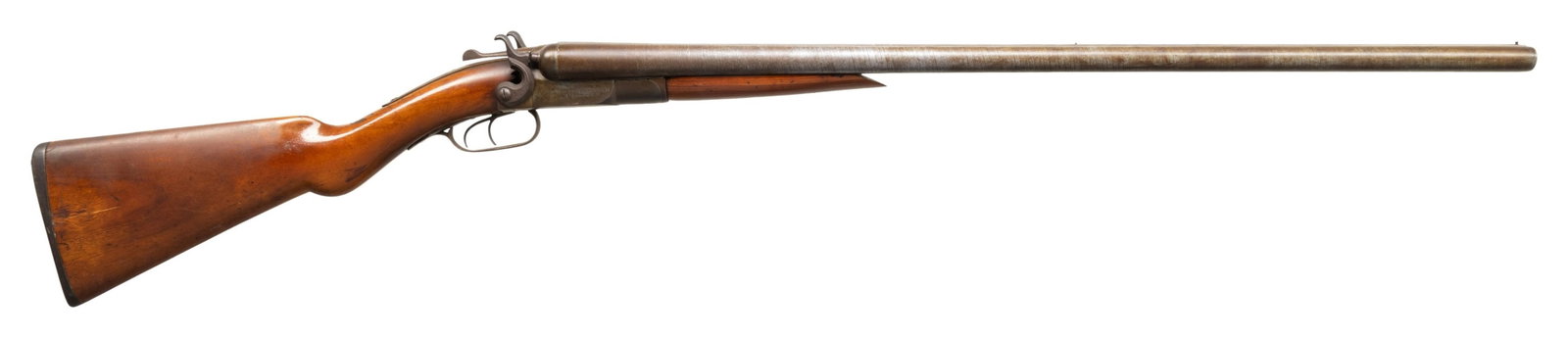 SYRACUSE FORGING & GUN CO. NEW BAKER DAMASCUS: SIDE BY SIDE HAMMER SHOTGUN. Cal. 12ga. S# 2740. Bbl 30" with serrated rib, brass bead front and mid sights. Tang lever. Extractor. Double triggers. Replacement smooth pistol grip stock set with smoot