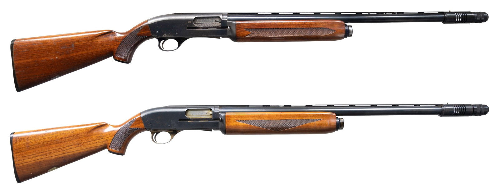 2 J.C. HIGGINS MODEL 60 SEMI AUTO SHOTGUNS.: ALL: Cal. 12 Ga., 2 3/4". NSN. Mfg. by High Standard for Sears, Roebuck & Co. VR 26" bbls. include J.C. Higgins adj. choke. Blued finish. Checkered walnut stock sets. 1) CONDITION: good blue. Good woo
