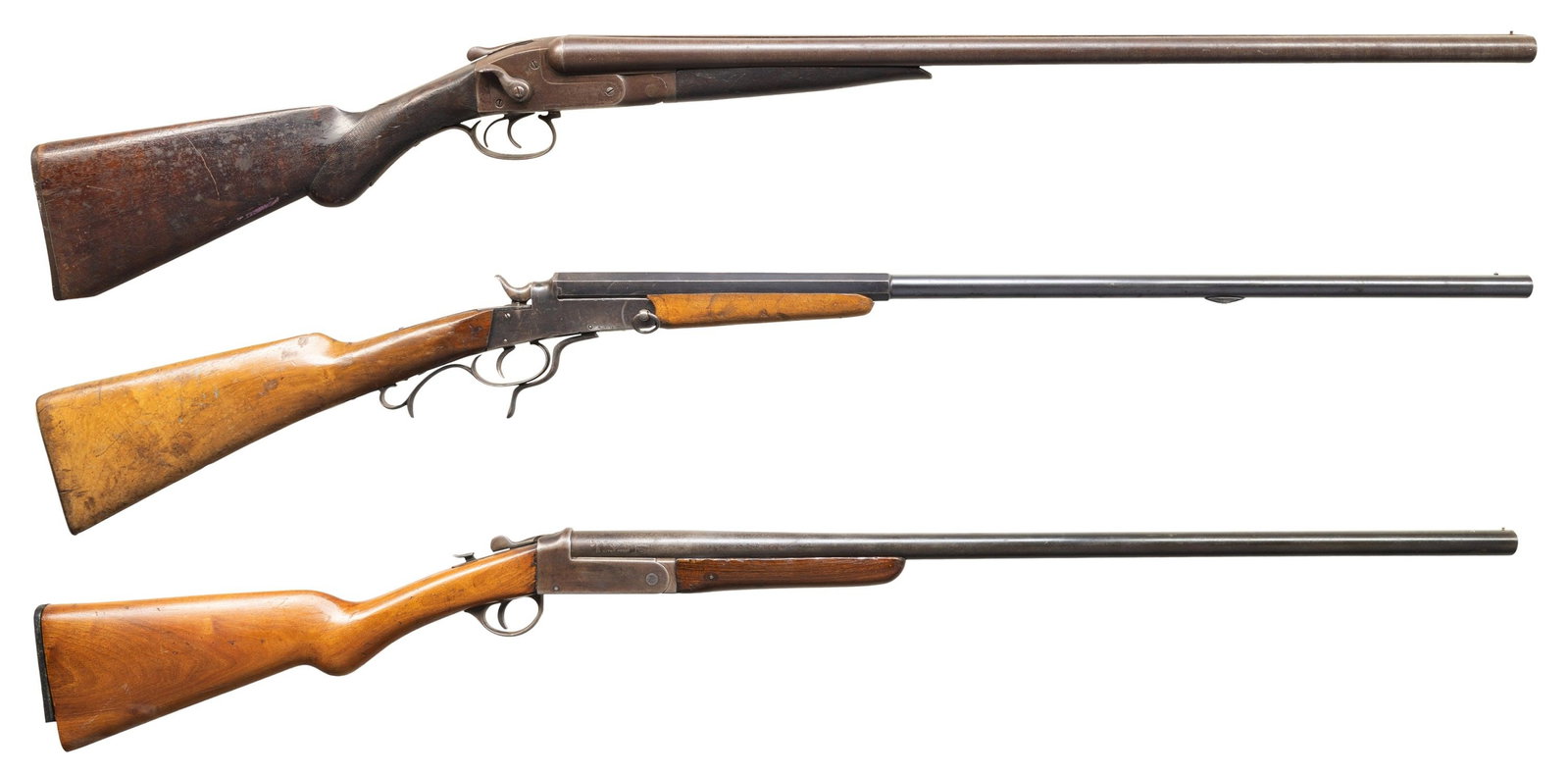 3 EARLY SHOTGUNS.: 1) AMERICAN ARMS SEMI HAMMERLESS SXS SHOTGUN. Cal. 12ga. S# 102. Bbl. 28" damascus with brass bead front sight & matted rib. Double triggers. CONDITION: overall poor. Wall hanger condition with reshap