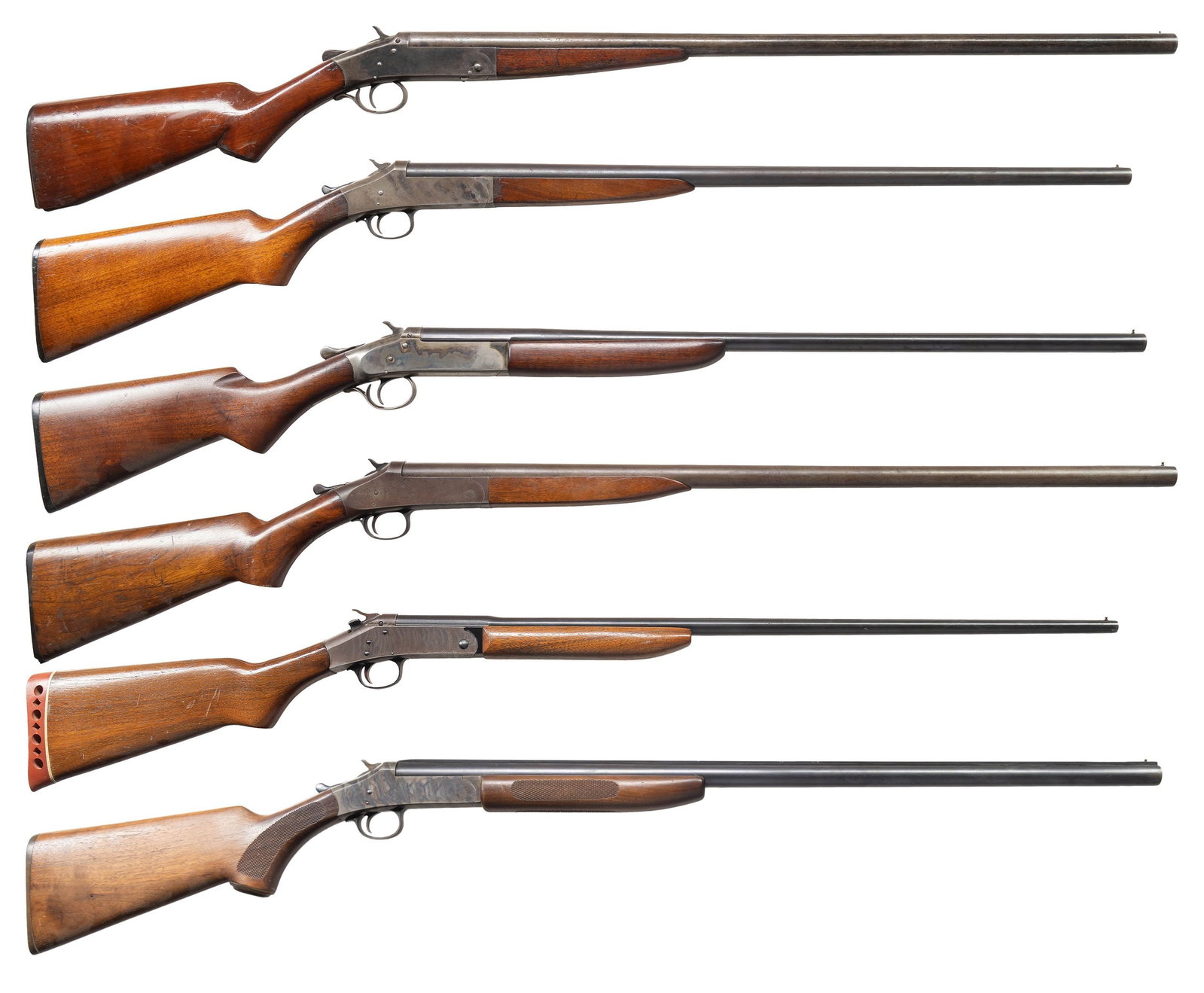 6 SINGLE SHOT SHOTGUNS.: 1) IVER JOHNSON. Cal. 10ga.NSN. Bbl. 30" with brass bead front sight. Pistol grip walnut stock. CONDITION: overall poor. Mottled metal finish with oxidation. Broken stock toe and buttplate. Added varn